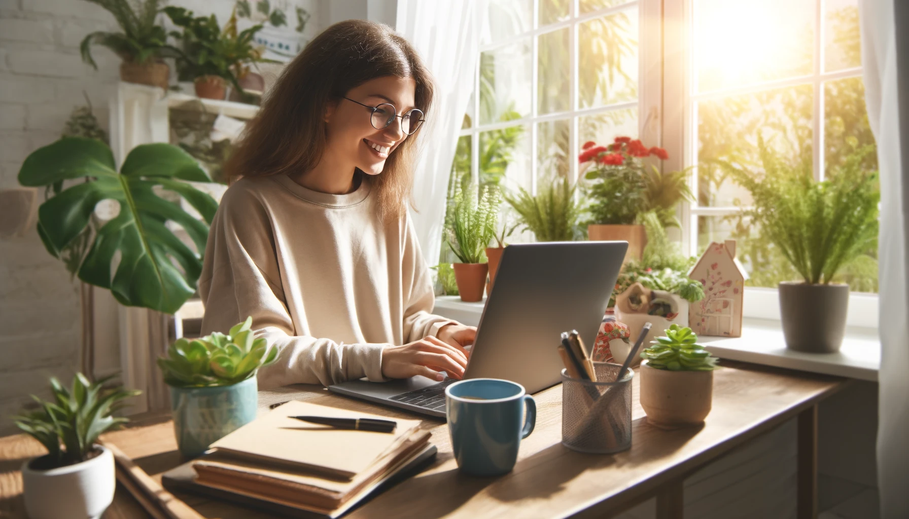 A freelancer working in a comfortable home office. Surrounded by a laptop, a coffee mug, and houseplants, the environment is cozy with bright sunlight streaming in through the windows.