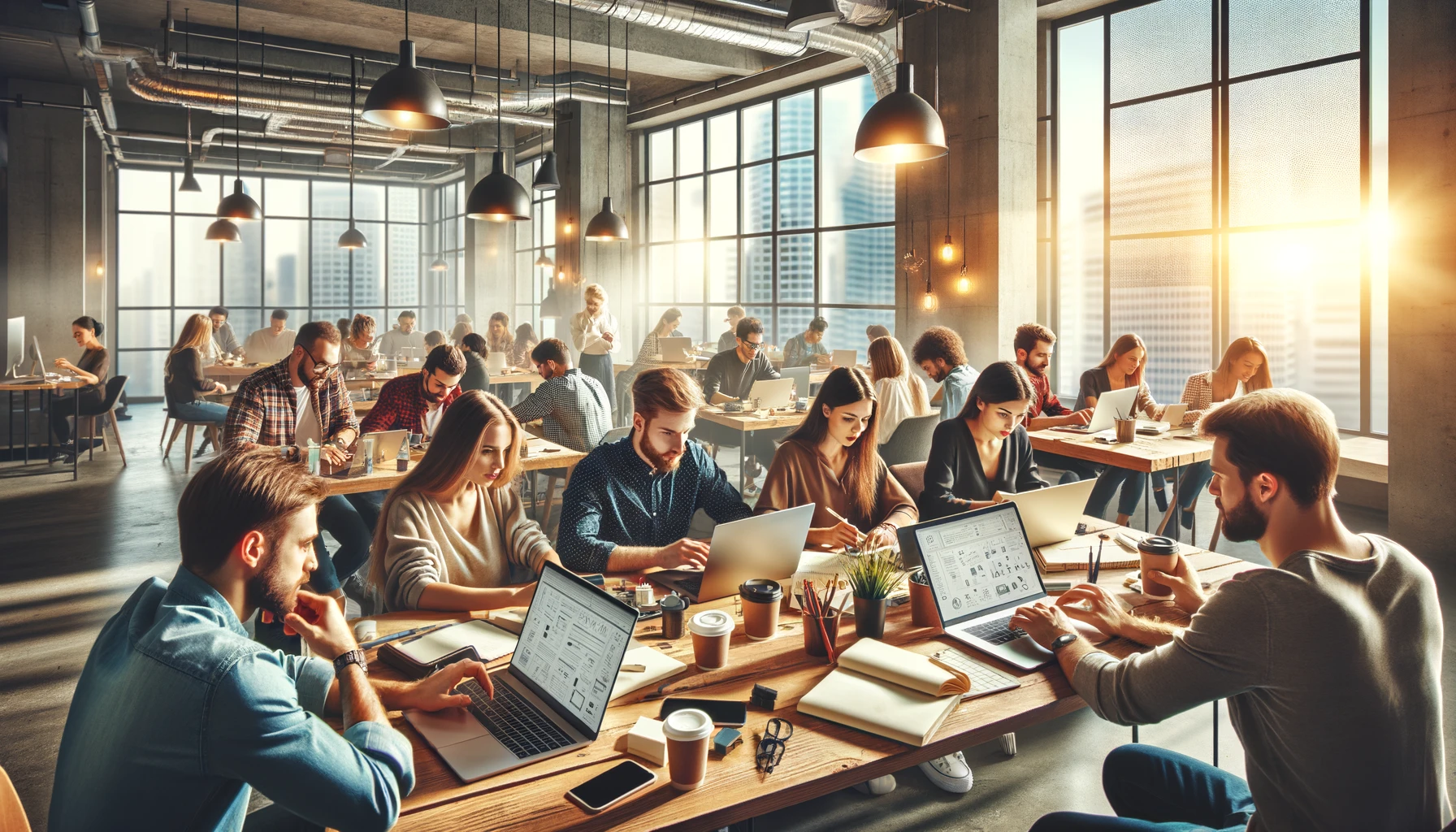 A group of freelancers working in a modern co-working space. Using laptops, notebooks, and coffee cups, they discuss ideas and work on projects in an energetic and collaborative environment. The large windows offer a view of the cityscape.