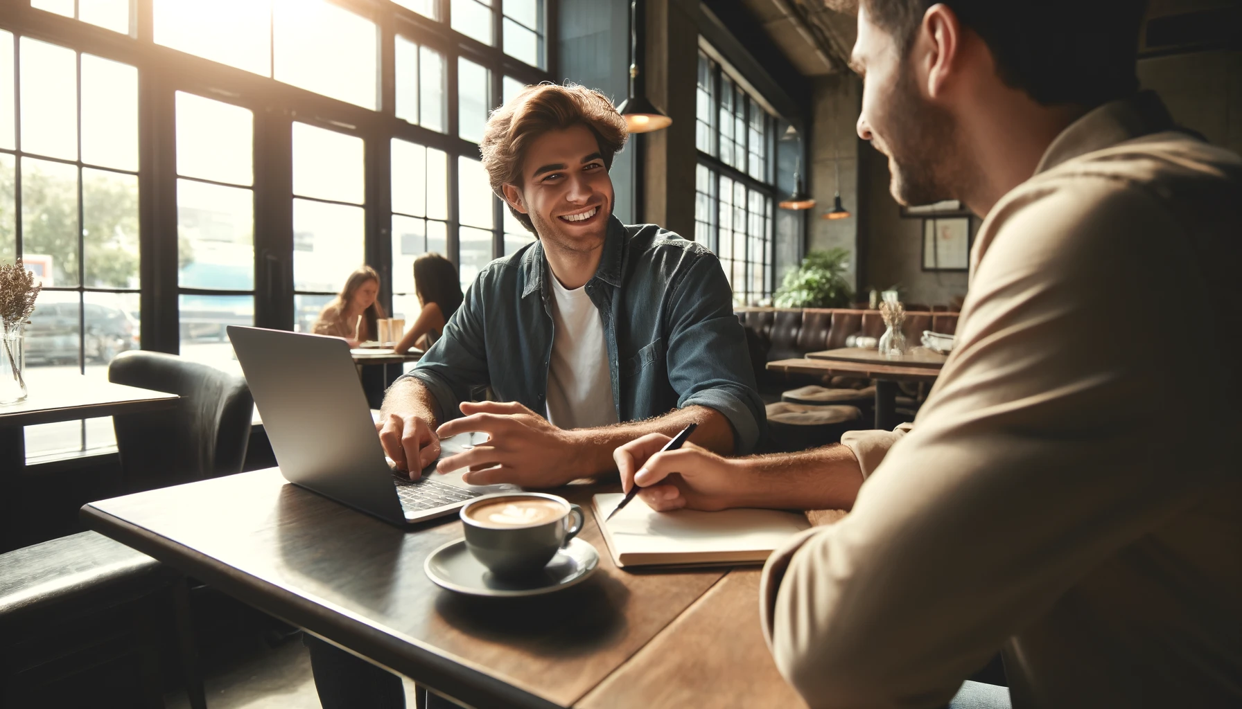 A freelancer discussing a project with a client in a stylish cafe. The atmosphere is casual yet professional, with coffee cups on the table and natural light streaming in from the large windows. Both individuals are engaged and enthusiastic.