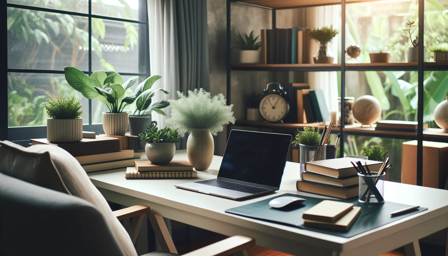 A serene home office setup. A clean desk with a laptop, surrounded by plants and books, with a comfortable chair. Natural light streams in through a window, creating a calm atmosphere conducive to focused work.