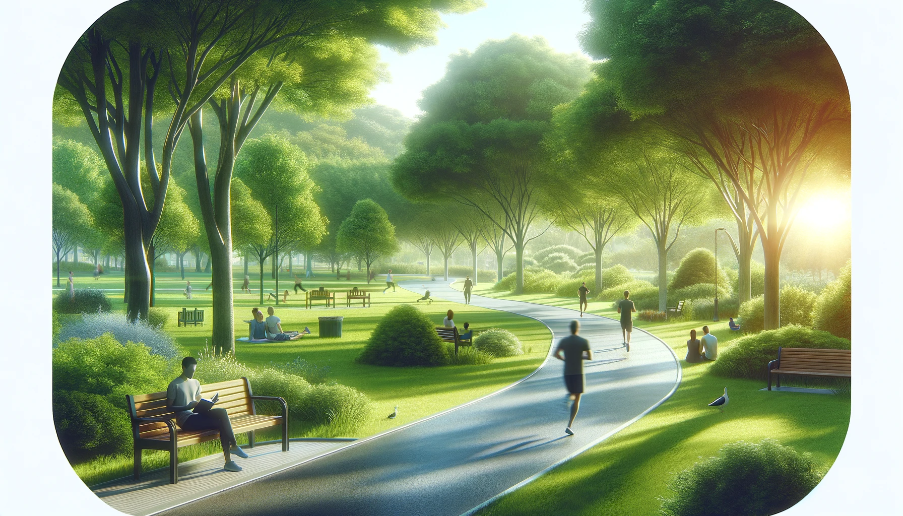 A lush park scene with people jogging and others relaxing on benches, reading books. The clear blue sky and abundant greenery convey a peaceful atmosphere, ideal for representing the relaxing time during a leave of absence.