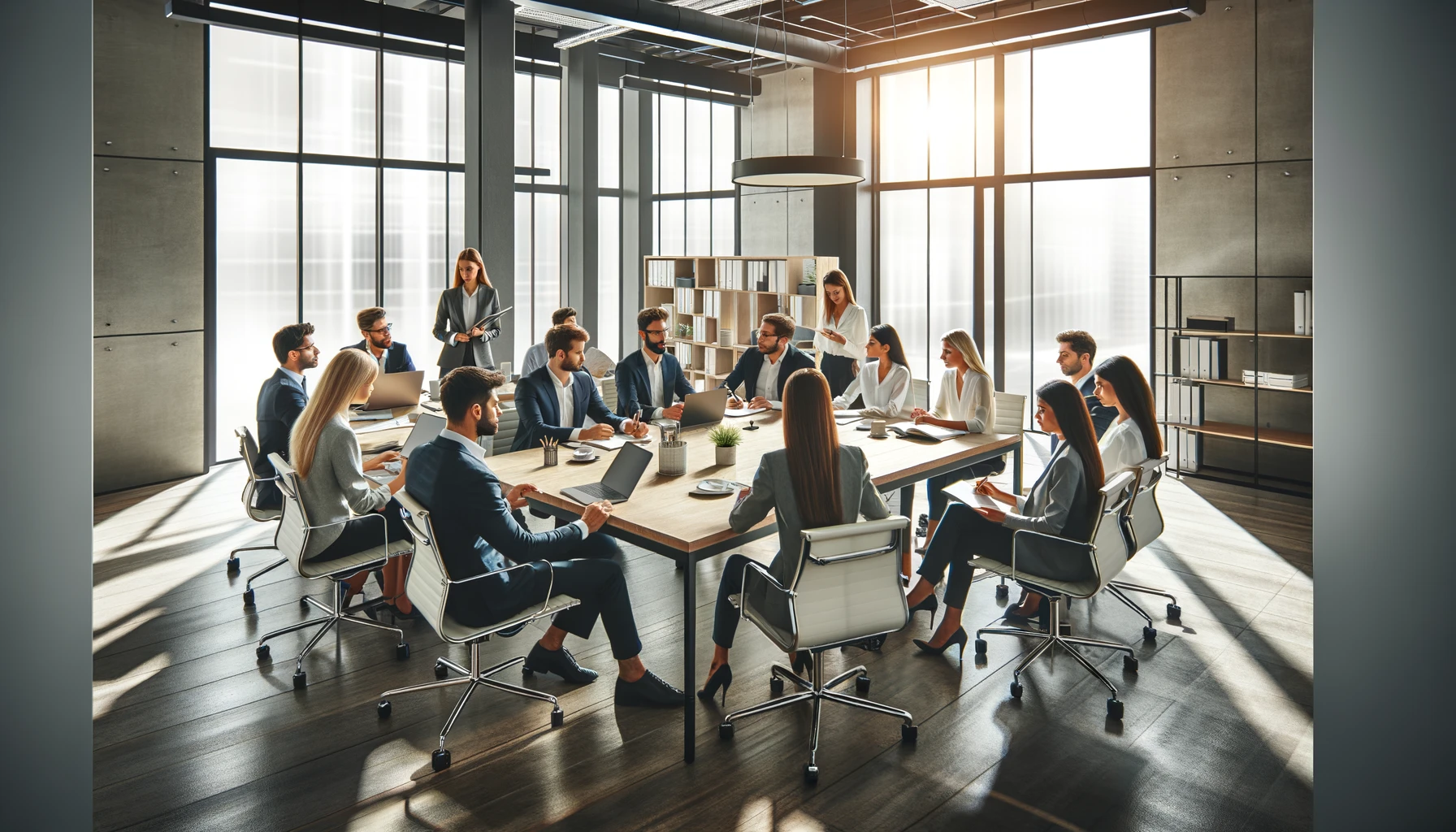 A bright, modern office setting with professionals engaged in a meeting around a large table. People are discussing, taking notes, and using laptops, showcasing an atmosphere of collaboration and productivity.