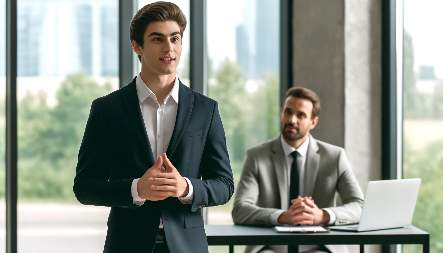  Confident Job Interview Presentation: This image depicts a person confidently presenting during a job interview. The professional attire and prepared demeanor highlight effective communication skills.