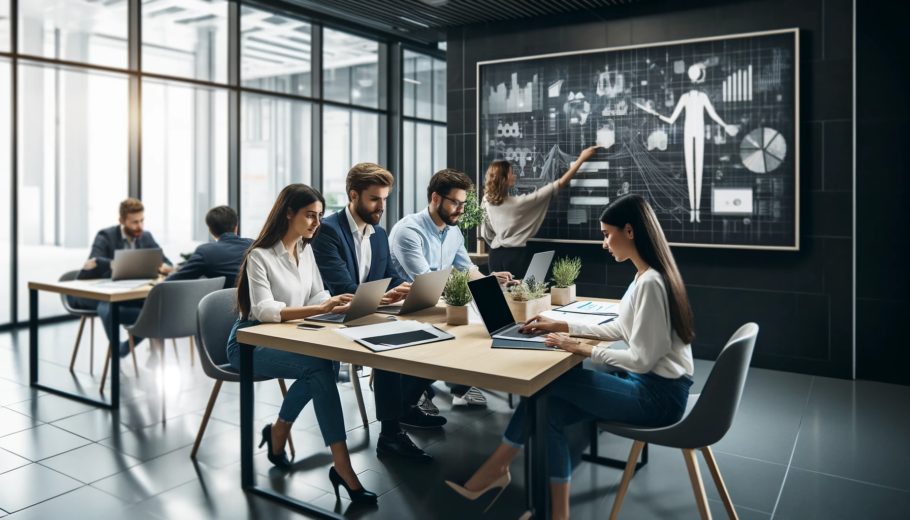 Office Project Collaboration: This image showcases a group of professionals working on a project in an office setting. Using laptops and a whiteboard, they actively share ideas, representing a modern and dynamic work environment.