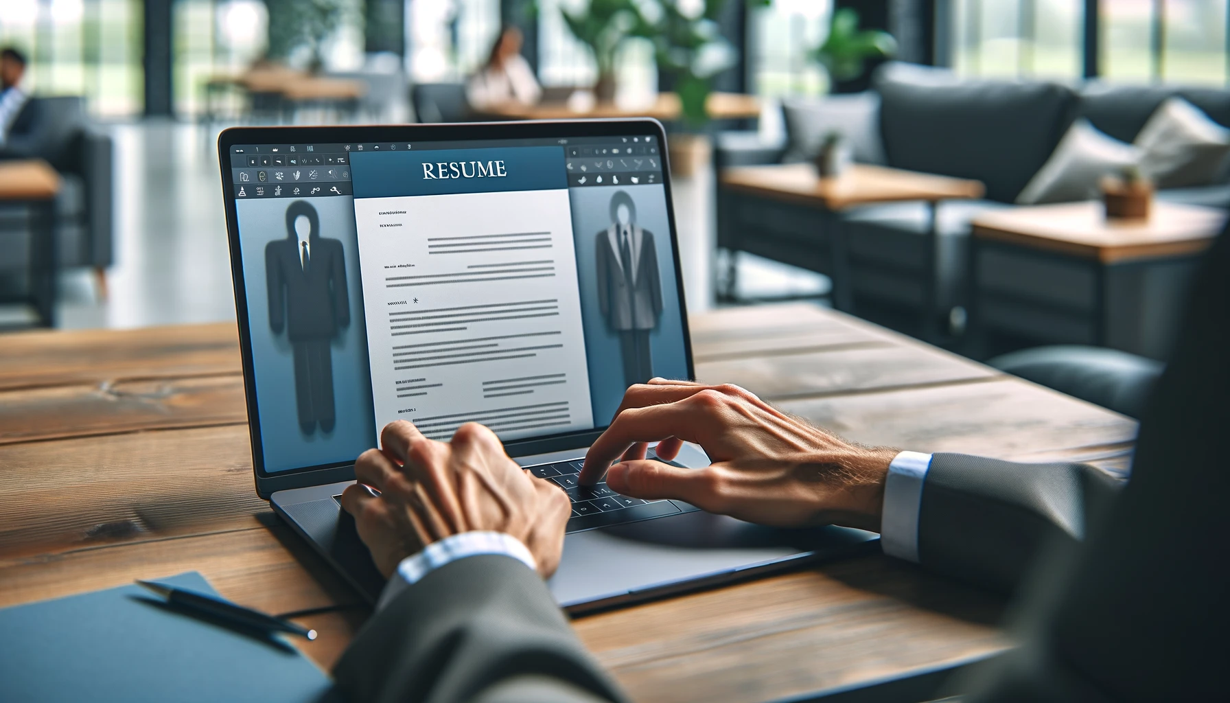 Resume Editing on a Laptop: This image is a close-up shot of hands typing on a laptop in an office environment. The screen displays a resume or document being edited, with a modern office setting in the background.