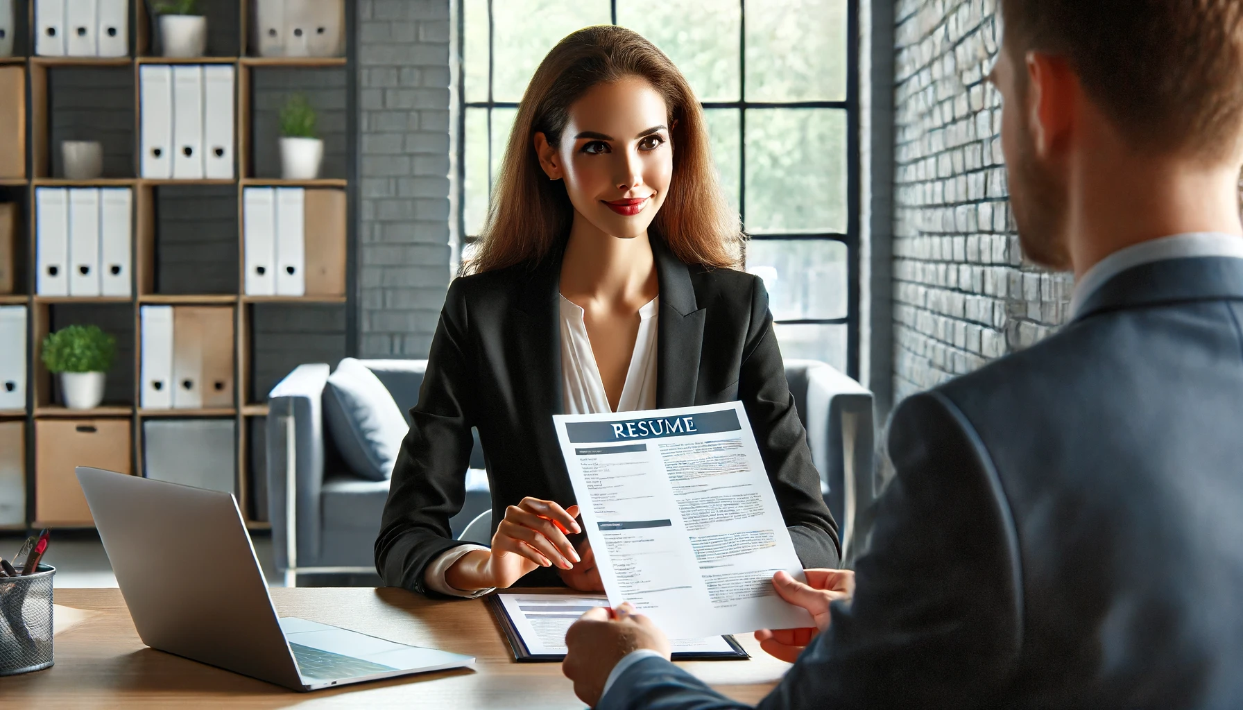 This image depicts a professional woman in her mid-30s confidently presenting her resume during a job interview in a modern office setting. She is dressed in professional attire and is discussing her work experience with a hiring manager. The background includes a laptop, documents, and sleek office decor, emphasizing a professional and prepared demeanor.