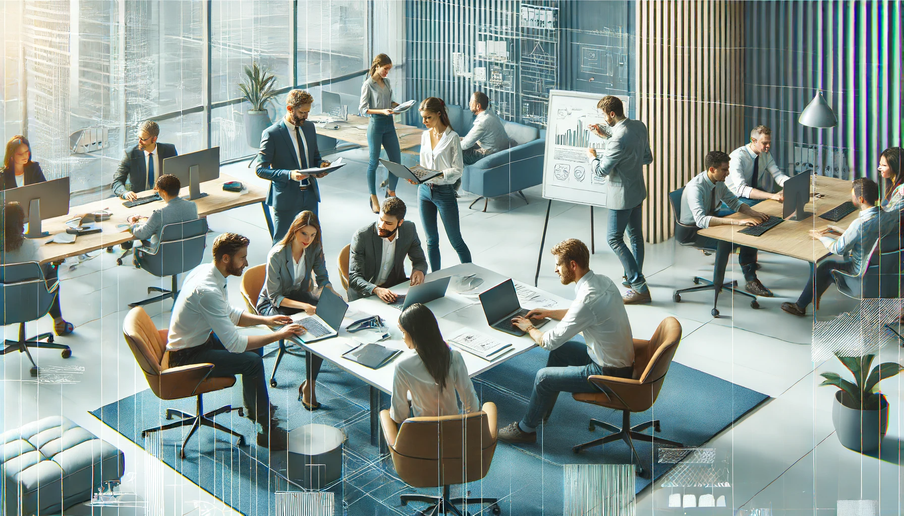 This image showcases a group of professionals collaborating on a project in a modern office environment. They are using laptops, documents, and a whiteboard, actively discussing and sharing ideas. The dynamic setting includes office furniture and decor, highlighting a productive and interactive workspace.