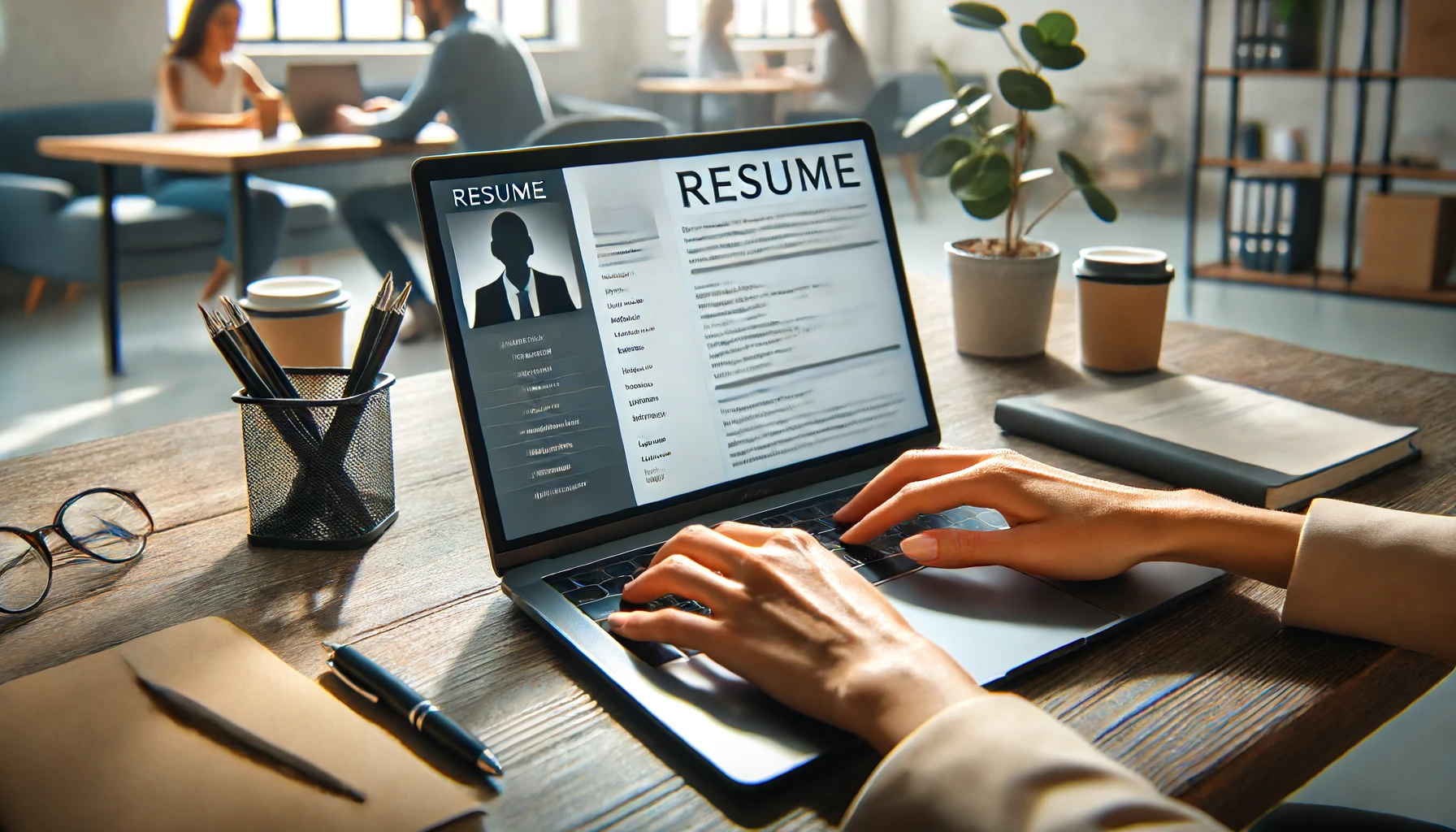 This image is a close-up shot of hands typing on a laptop in a modern office environment. The laptop screen displays a resume being edited. The background includes office furniture, plants, and a coffee cup, indicating a focused and organized workspace.