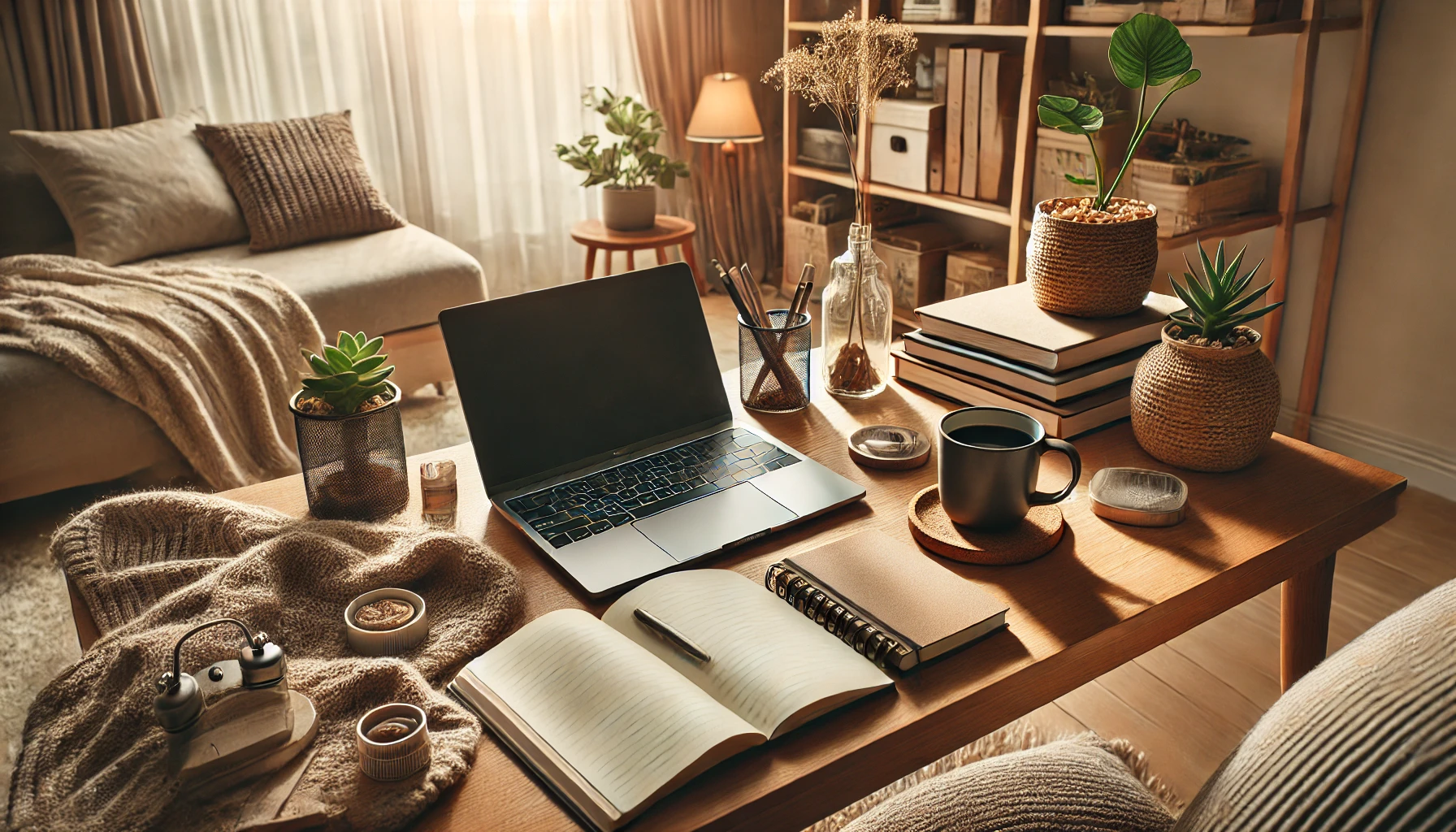 his image shows a professional woman in her 40s or 50s, sitting at a desk with a laptop, reflecting on her career. The background includes bookshelves and motivational posters, representing a moment of self-reflection and planning for her second career.