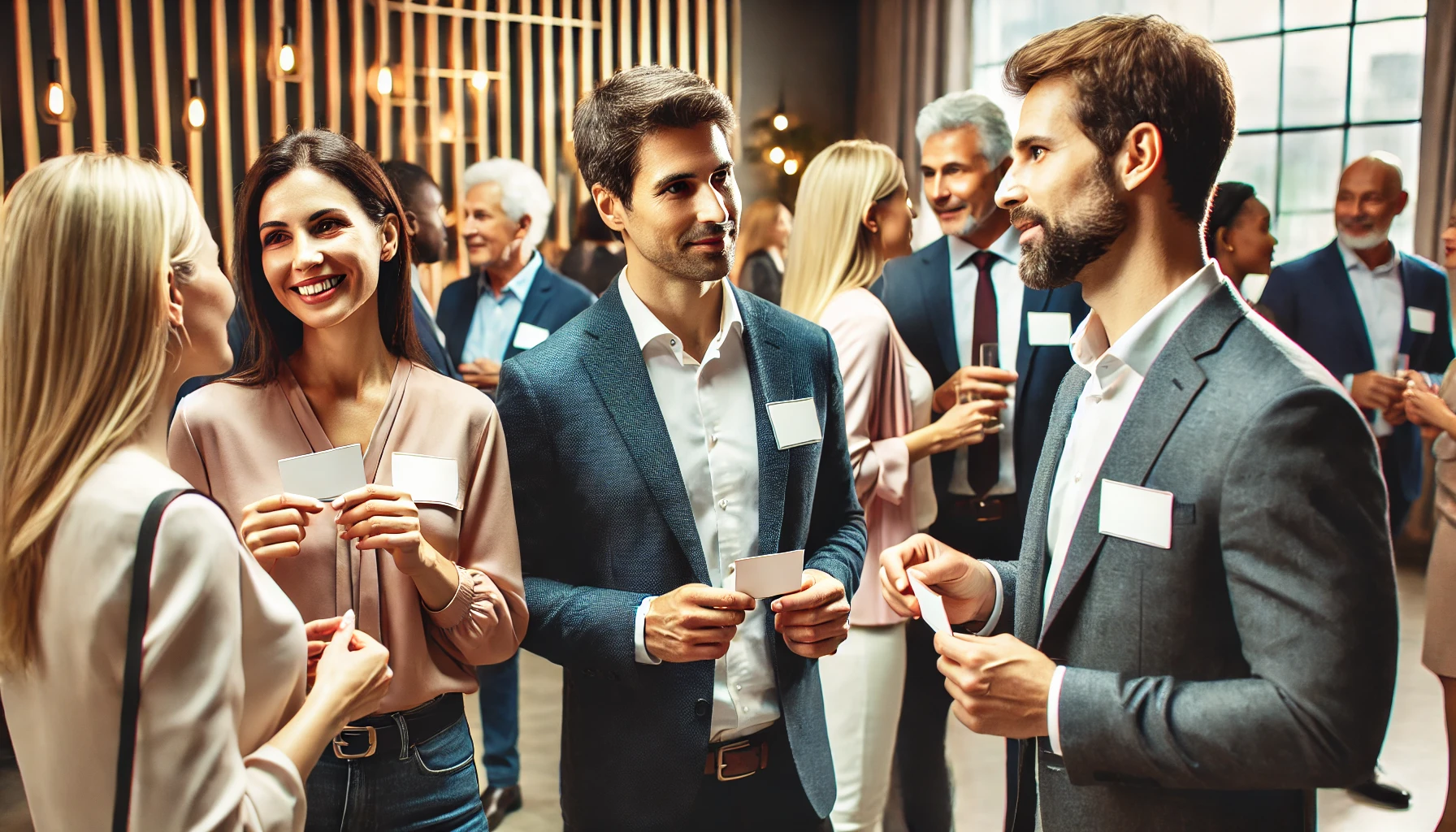 This image features a group of professionals in their 40s and 50s participating in a networking event. They are engaged in conversations, exchanging business cards, and building connections. The background shows a modern event space with a welcoming atmosphere.