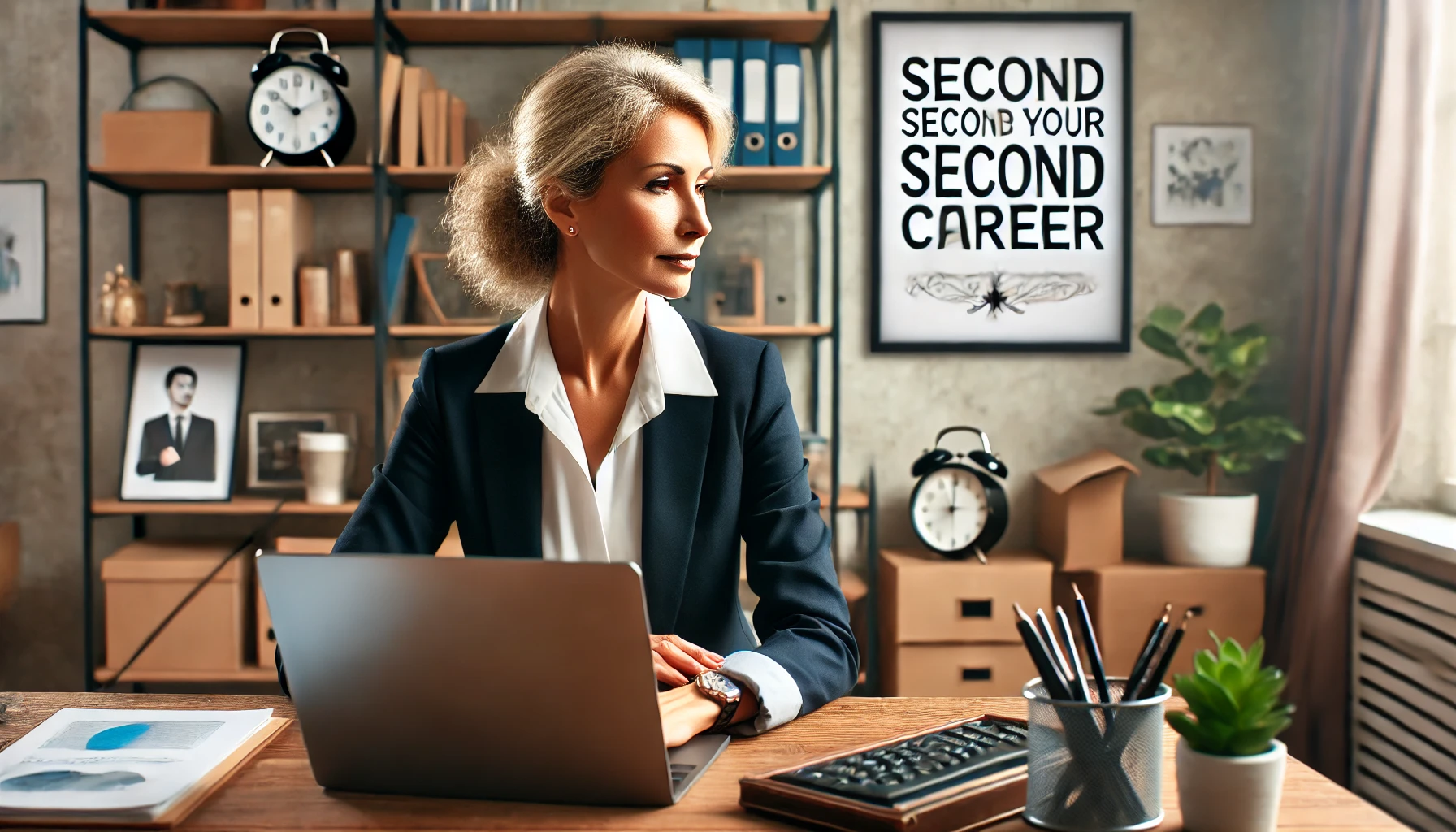 This image depicts a serene, cozy home office setup with a laptop, notebooks, and a cup of coffee. The space is organized and inviting, representing a productive environment for planning and preparing for a second career.