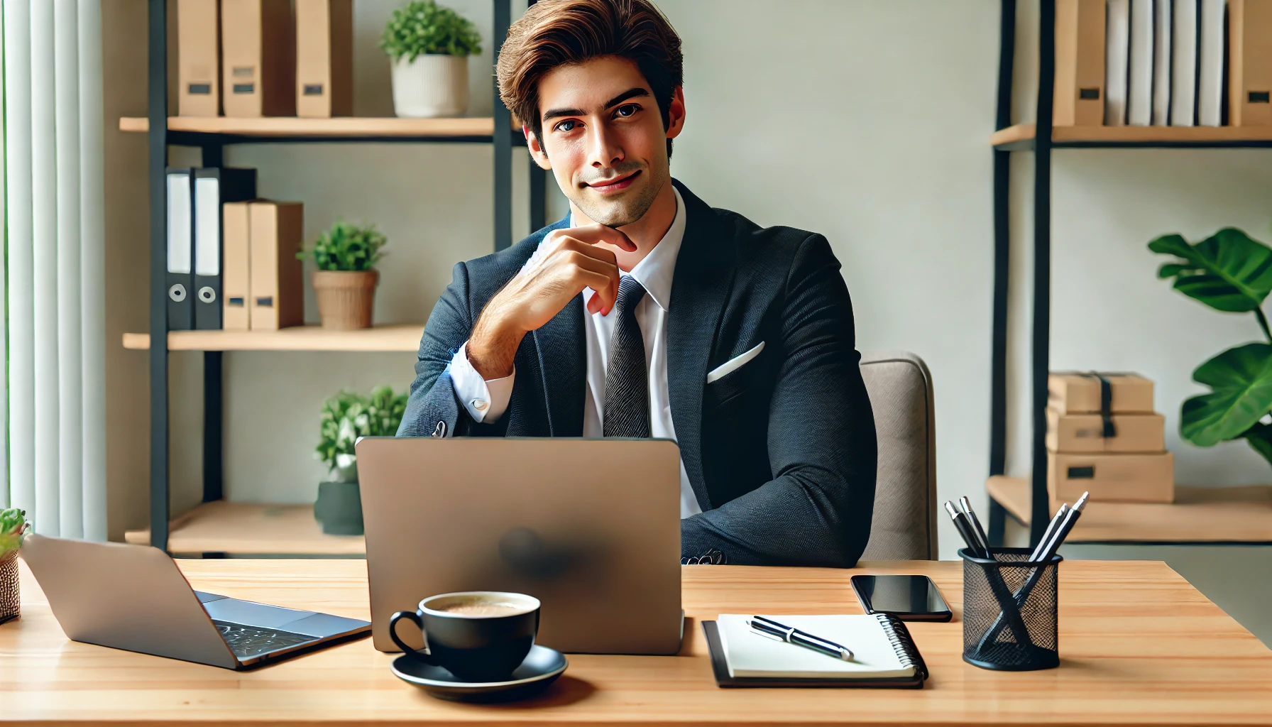 Relaxed Preparation: A person in business attire sitting at a desk, using a laptop while preparing for an interview in a relaxed manner.