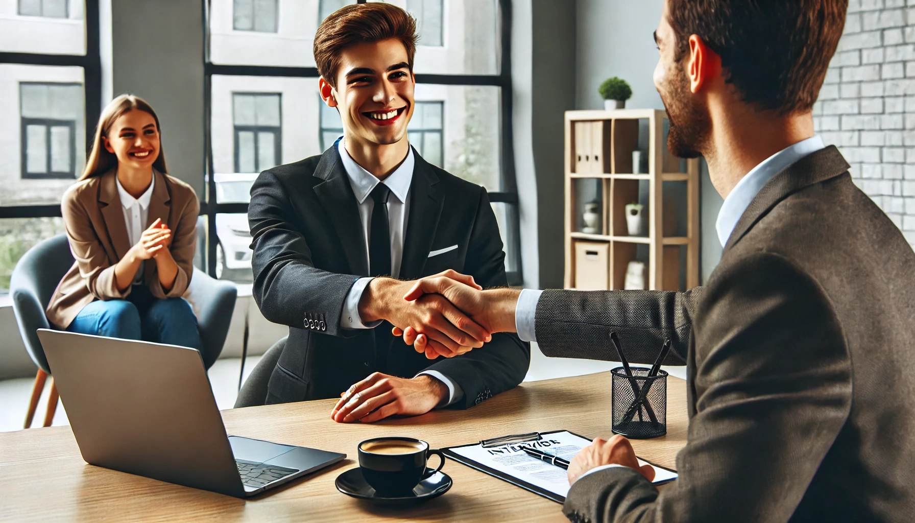 Post-Interview Handshake: A person in business attire shaking hands with a career advisor after a successful interview.