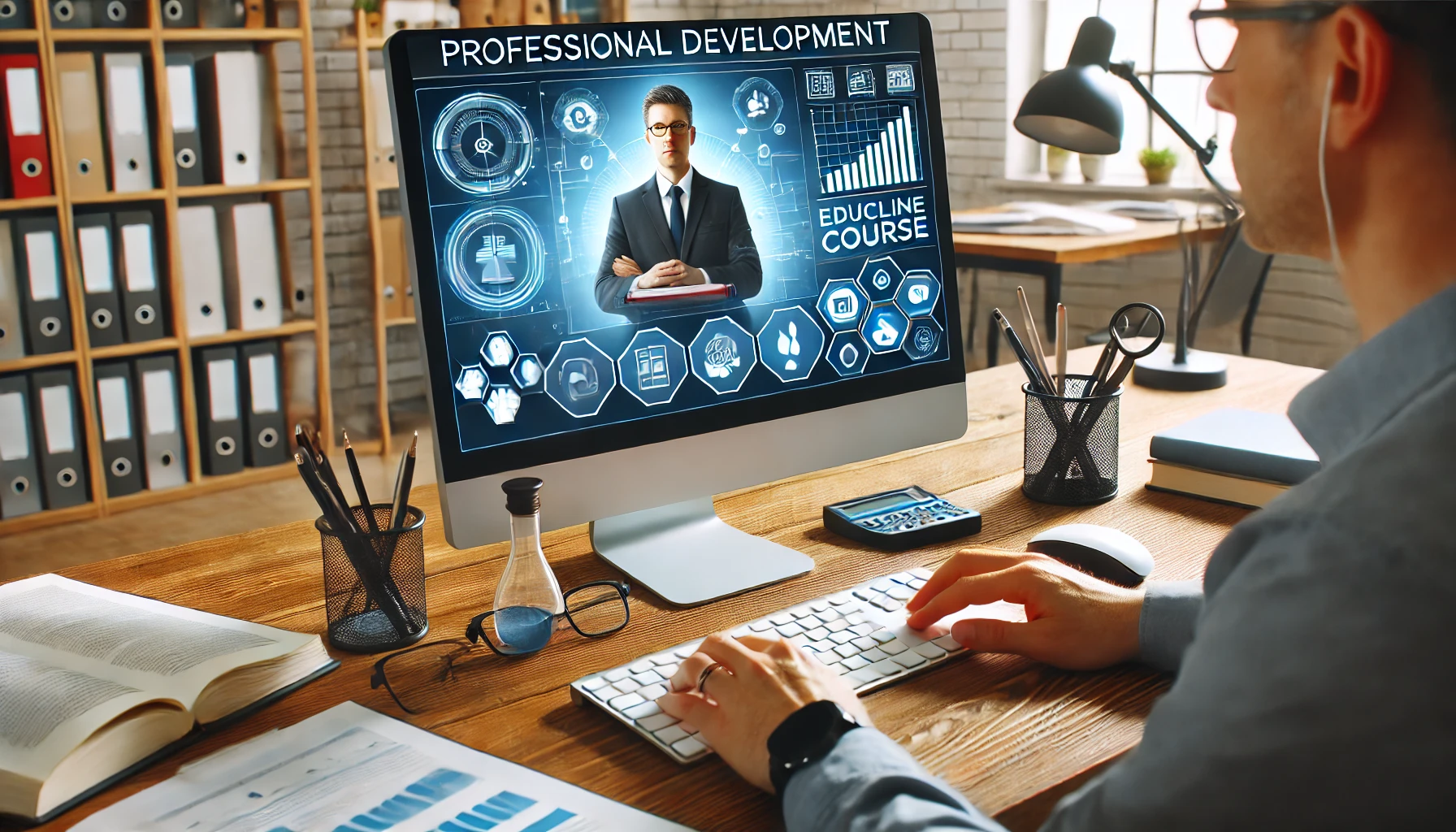 Attending an Online Course: A person attending an online course or webinar on a computer, with educational content displayed on the screen. This represents professional development and the acquisition of new skills for career growth.