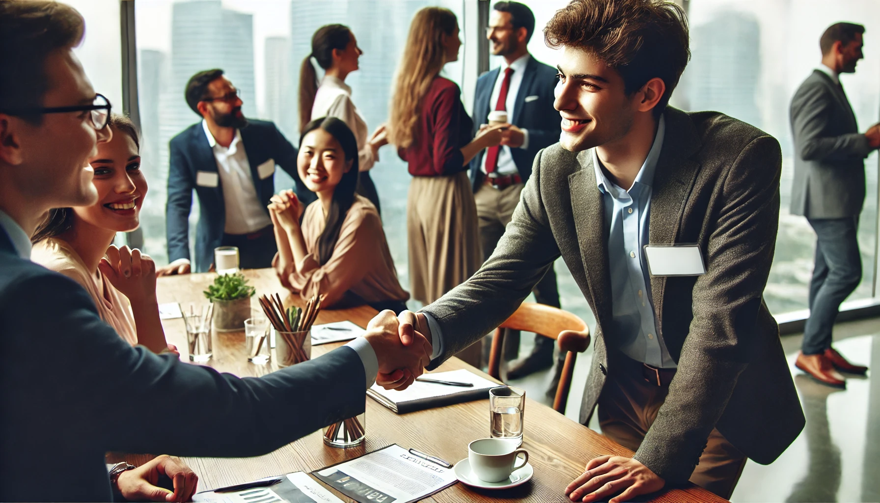 Networking at a Professional Event: A person networking at a professional event, shaking hands with another professional, with others engaging in conversations in the background. This image highlights the importance of networking in career advancement.