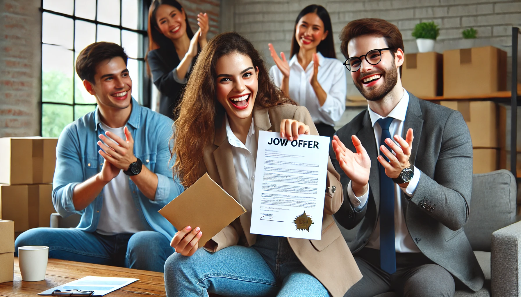 Celebrating a New Job Offer: A person celebrating a new job offer, holding an offer letter and smiling, with colleagues congratulating in the background. This represents the joy and achievement of successfully securing a new job after a career change.