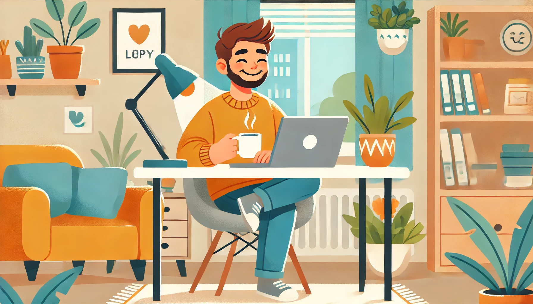 Happy Remote Worker: A person happily working from home on their laptop, sitting at a cozy desk with a cup of coffee. This image highlights the potential for improved work-life balance through a career change.