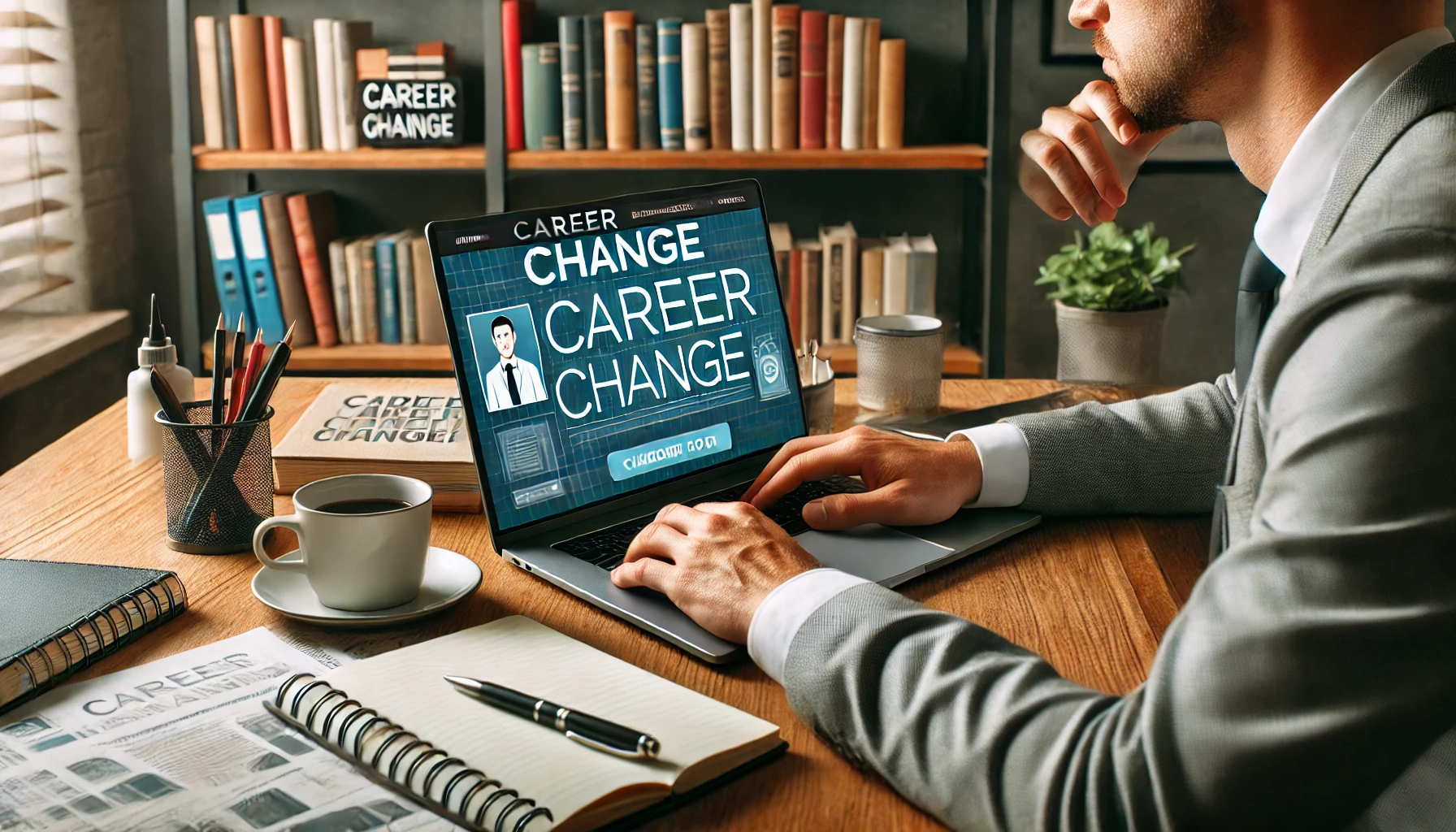  A professional setting where an individual is studying career change options. The person is sitting at a desk with a laptop open, displaying a career planning website. Around the desk, there are various items like a notebook, pen, coffee cup, and some printed career guides. The background features a bookshelf filled with books related to career development. The overall atmosphere is focused and determined, representing someone actively planning their career change.