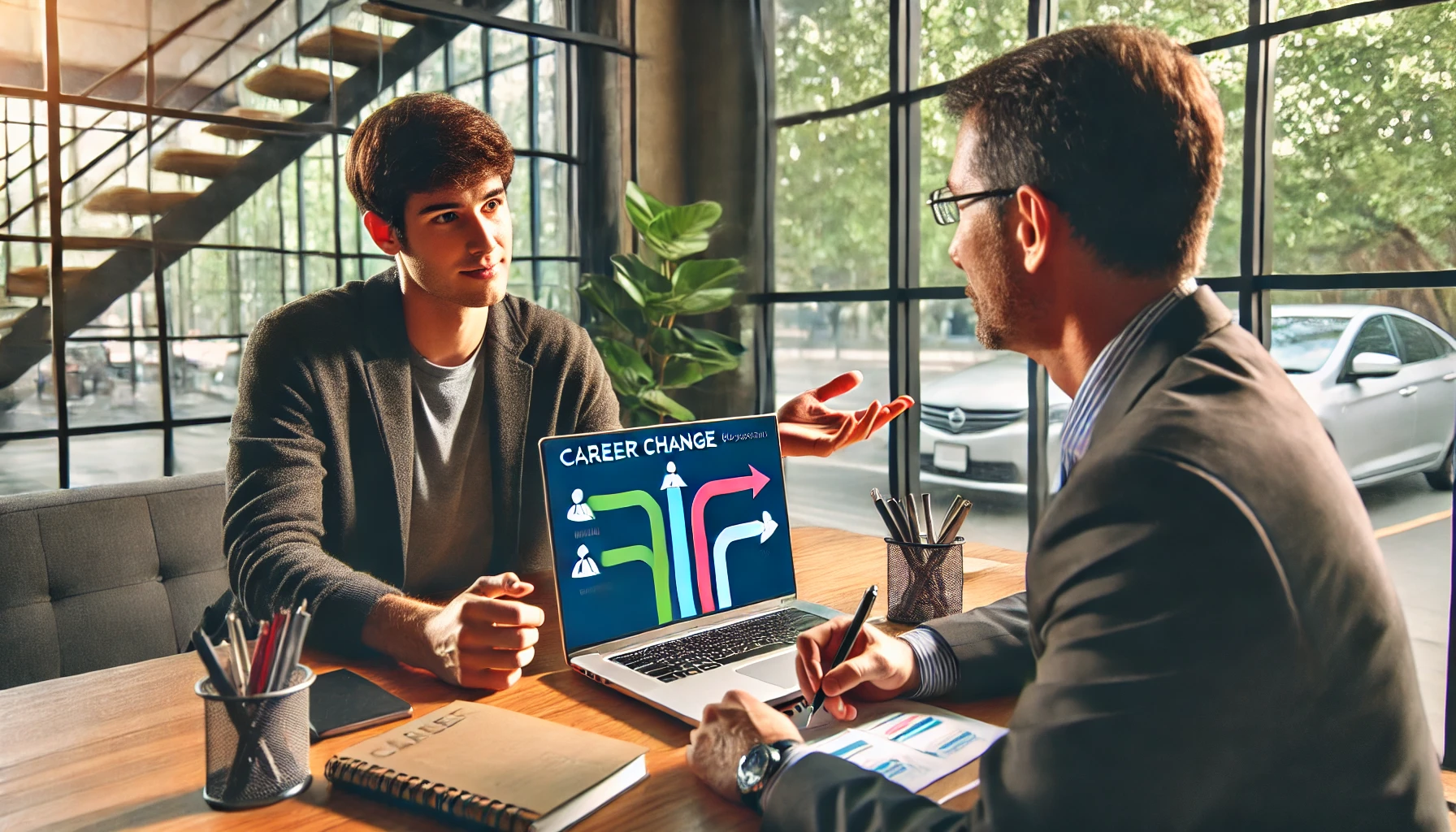 An individual discussing career change options with a mentor. They are sitting across from each other at a table, with a notebook and pen in front of the mentee and a laptop open in front of the mentor. The mentor is gesturing towards the laptop screen, which displays a career path chart. The setting is a modern office with large windows and some plants, creating a bright and encouraging atmosphere.