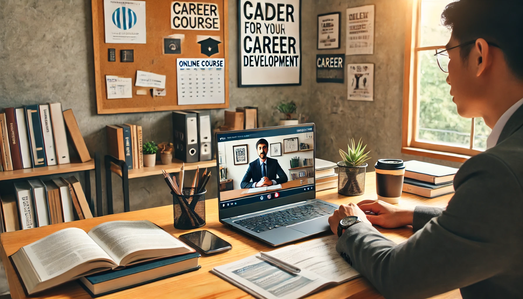 A person attending an online course for career development. They are seated at a desk with a laptop open, showing a video lecture. Around the desk, there are study materials like books, notes, and a cup of coffee. The background includes a bulletin board with motivational quotes and a few career-related posters. The room is well-lit, creating an inviting and focused study environment.