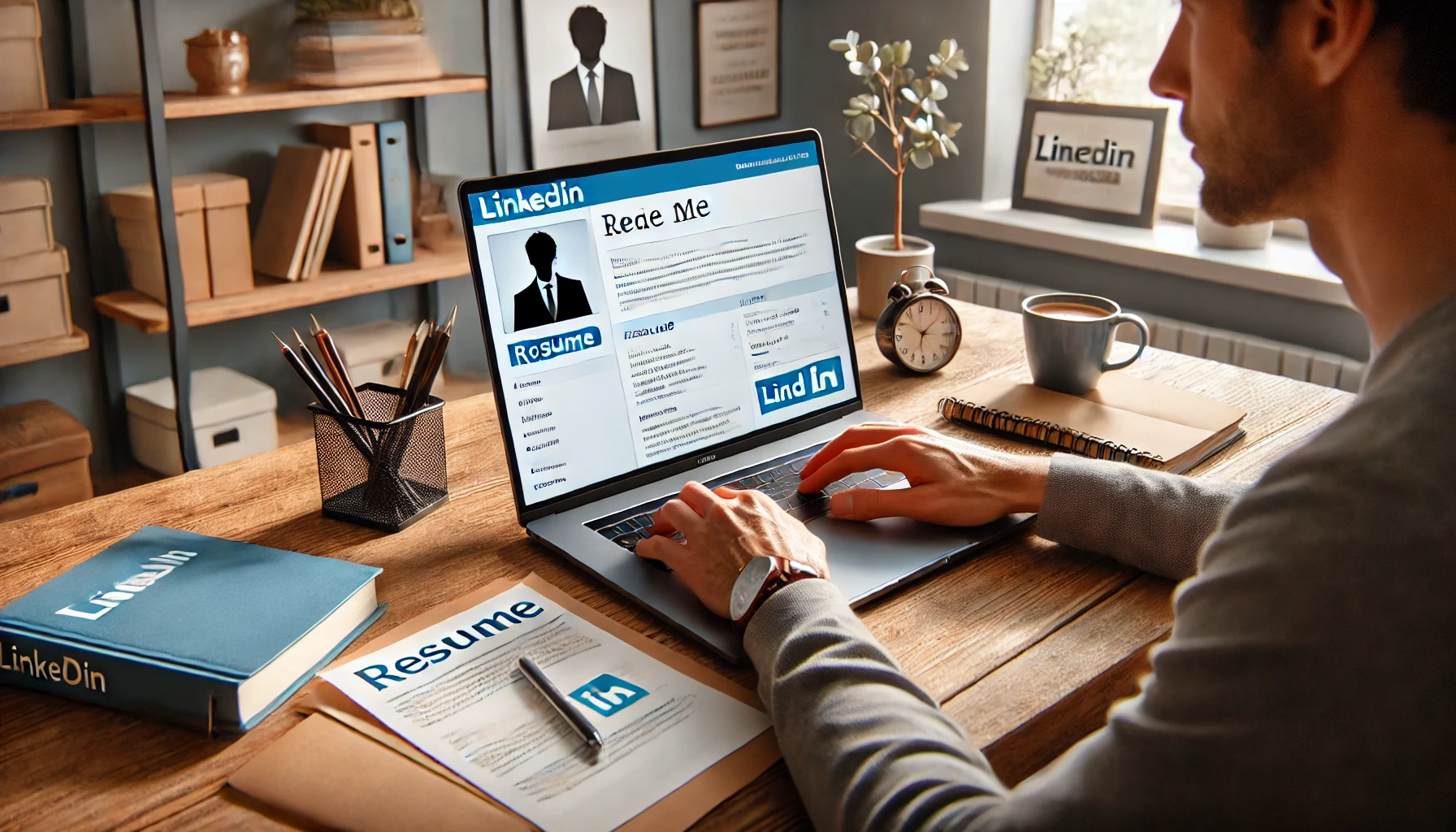 A person updating their resume and LinkedIn profile for a career change. They are seated at a desk with a laptop open, displaying a resume template on one side and their LinkedIn profile on the other. Around the desk are printed copies of their resume, a notebook, and a cup of coffee. The background includes a bookshelf with career development books and some inspirational posters on the wall. The atmosphere is productive and focused. 