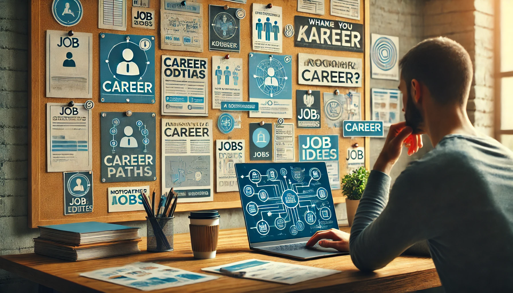 A person researching potential career paths online. They are seated at a desk with a laptop open, displaying various career options and job listings. Around the desk are notes, a cup of coffee, and a few printed articles about different professions. The background features a bulletin board with pinned career ideas and motivational quotes, creating an atmosphere of exploration and planning.