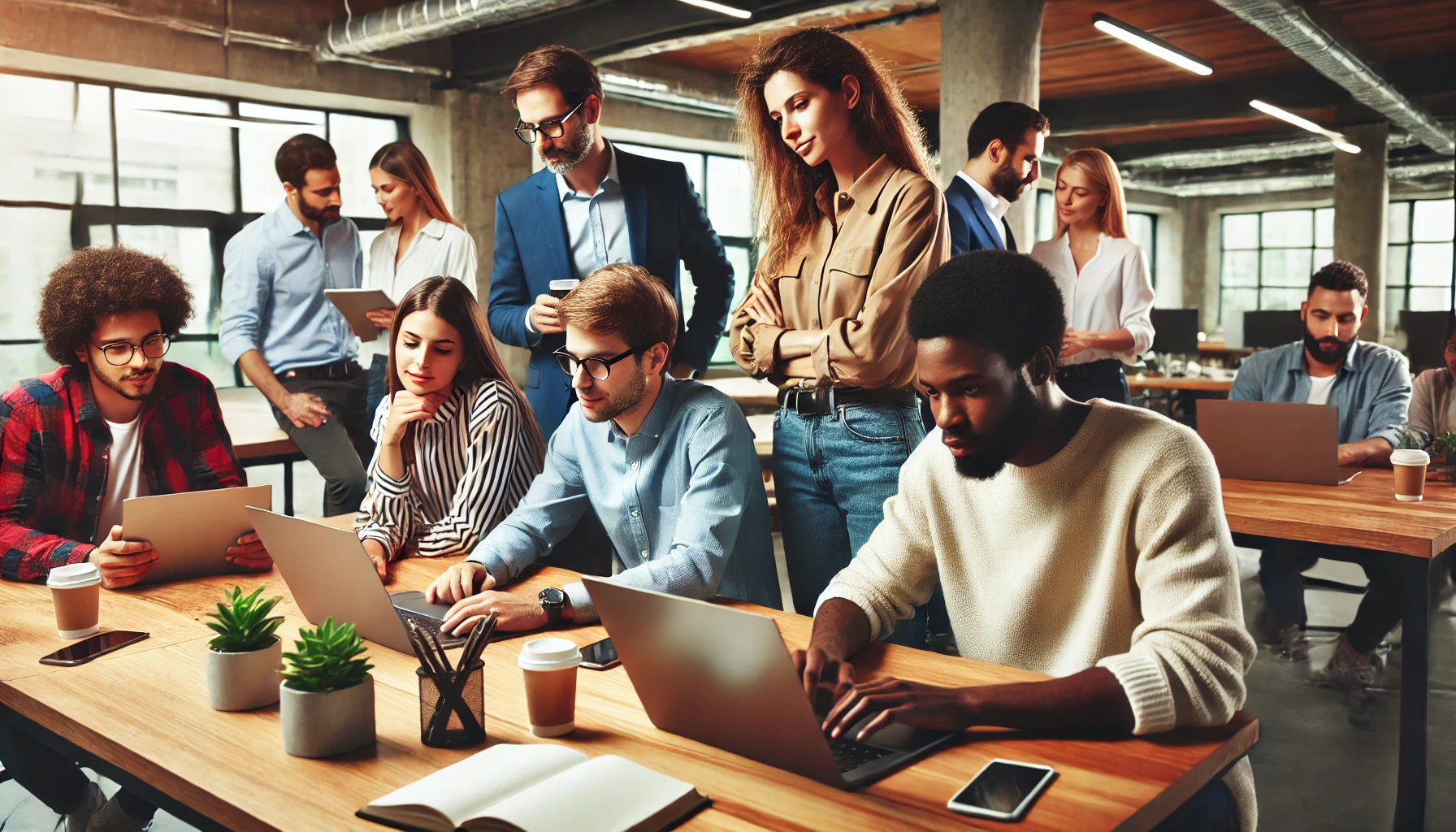 An image depicting a diverse group of professionals working on laptops and discussing ideas in a modern office setting. 