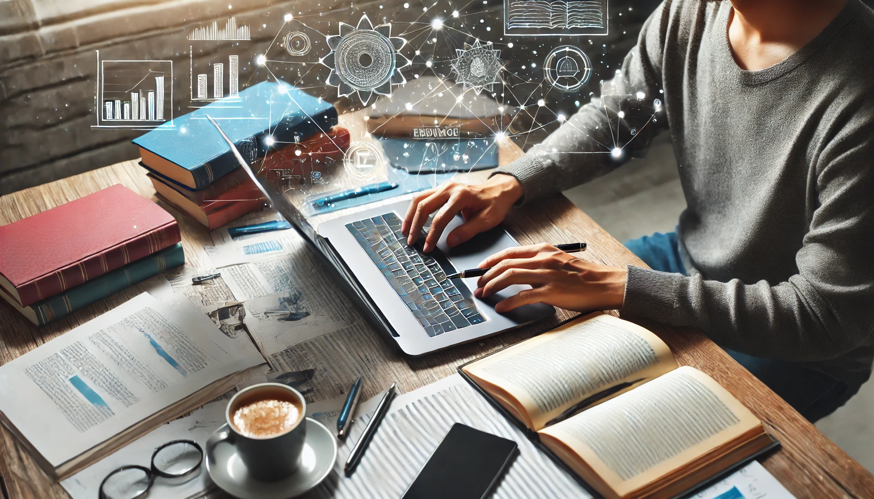 An image of an individual studying online with a laptop and notepad. The desk features educational materials and coffee, symbolizing learning and self-improvement.