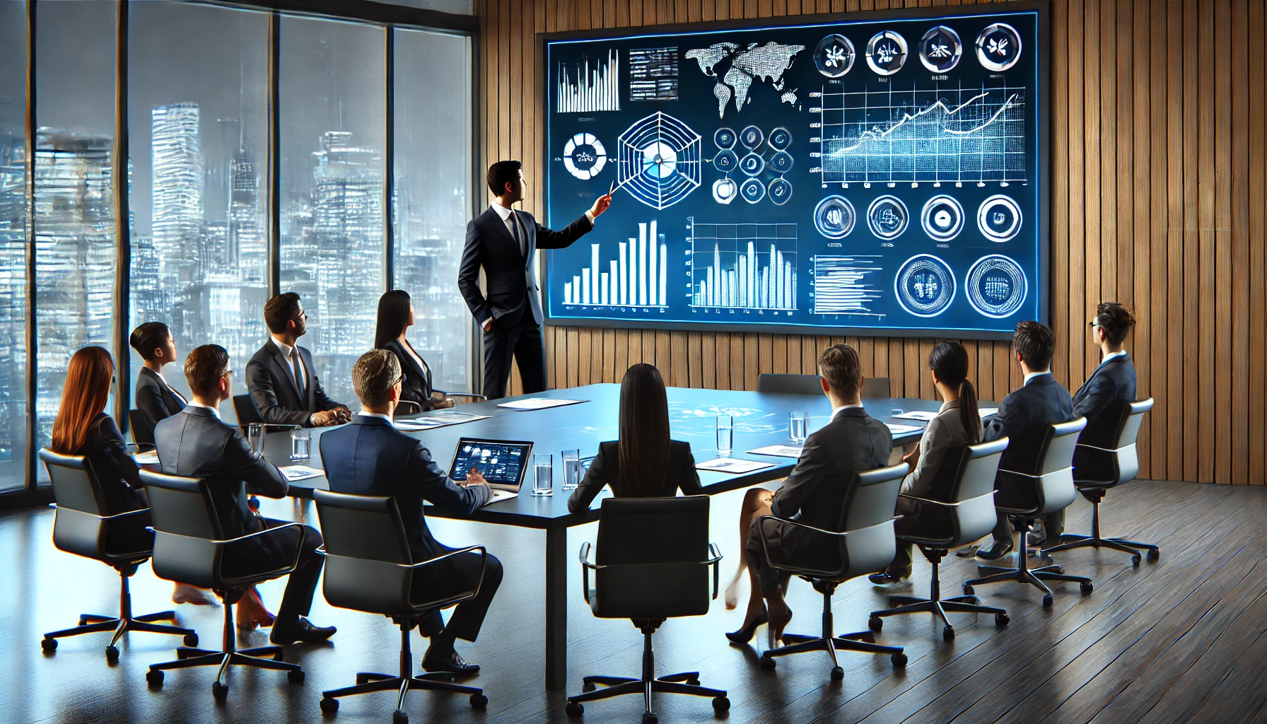 An image of a professional giving a presentation to a team using charts and graphs in a modern conference room, symbolizing career development and skill improvement.