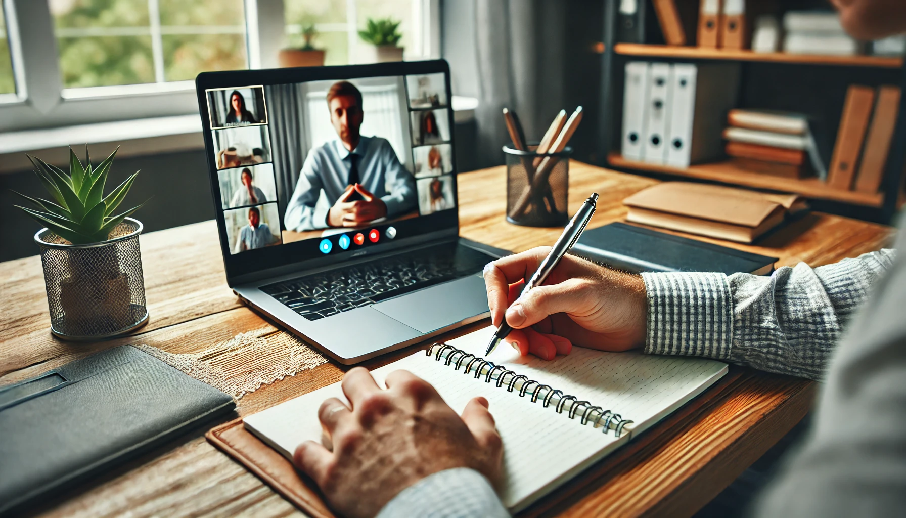 An image of a person attending an online business meeting on a laptop, taking notes with a pen and notepad, with a tidy workspace in the background, highlighting remote work and professional development.