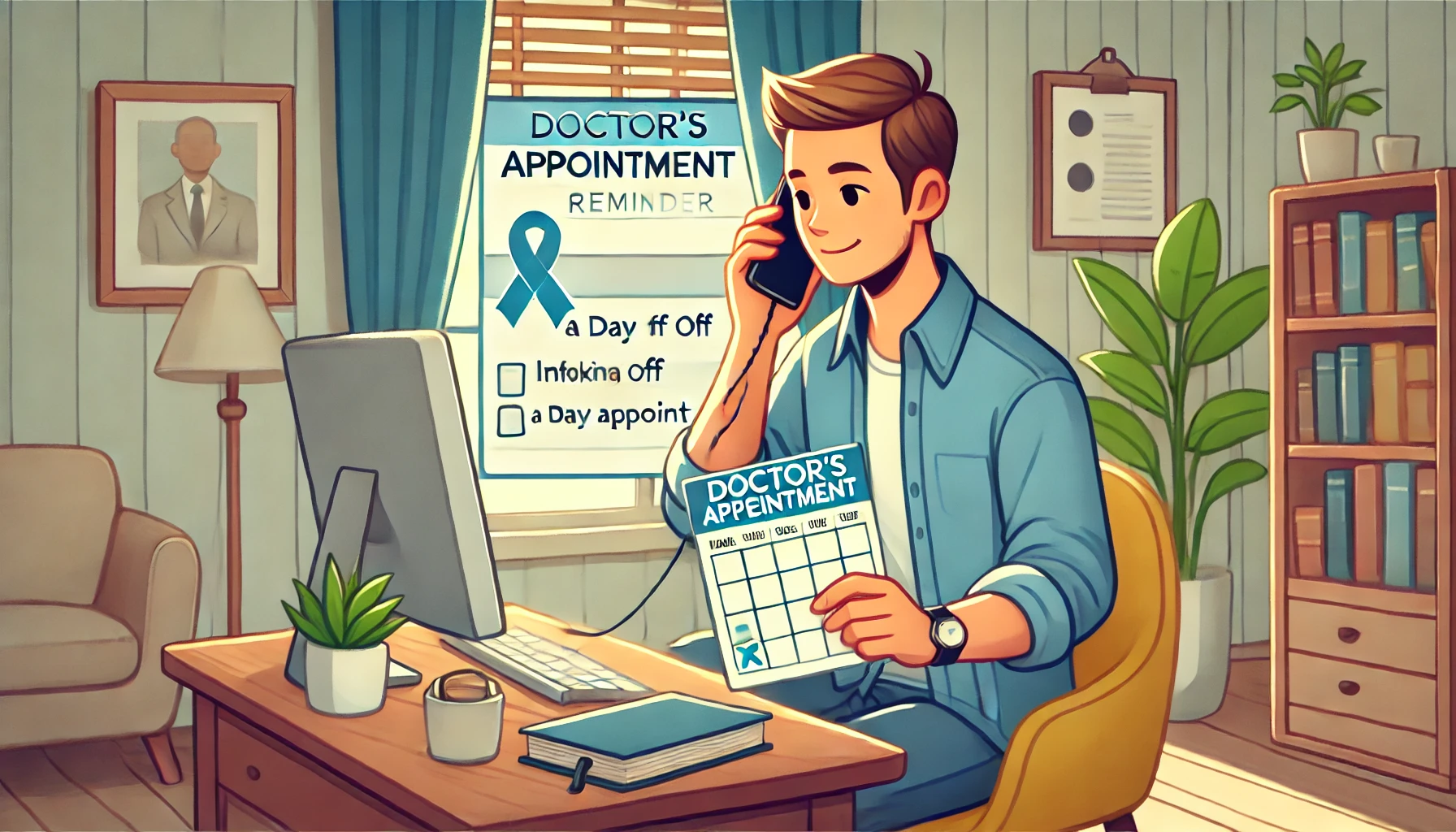 Illustration of a person holding a doctor's appointment reminder, preparing to call their boss to inform about taking a day off for a medical appointment. The scene is set in a home environment. 