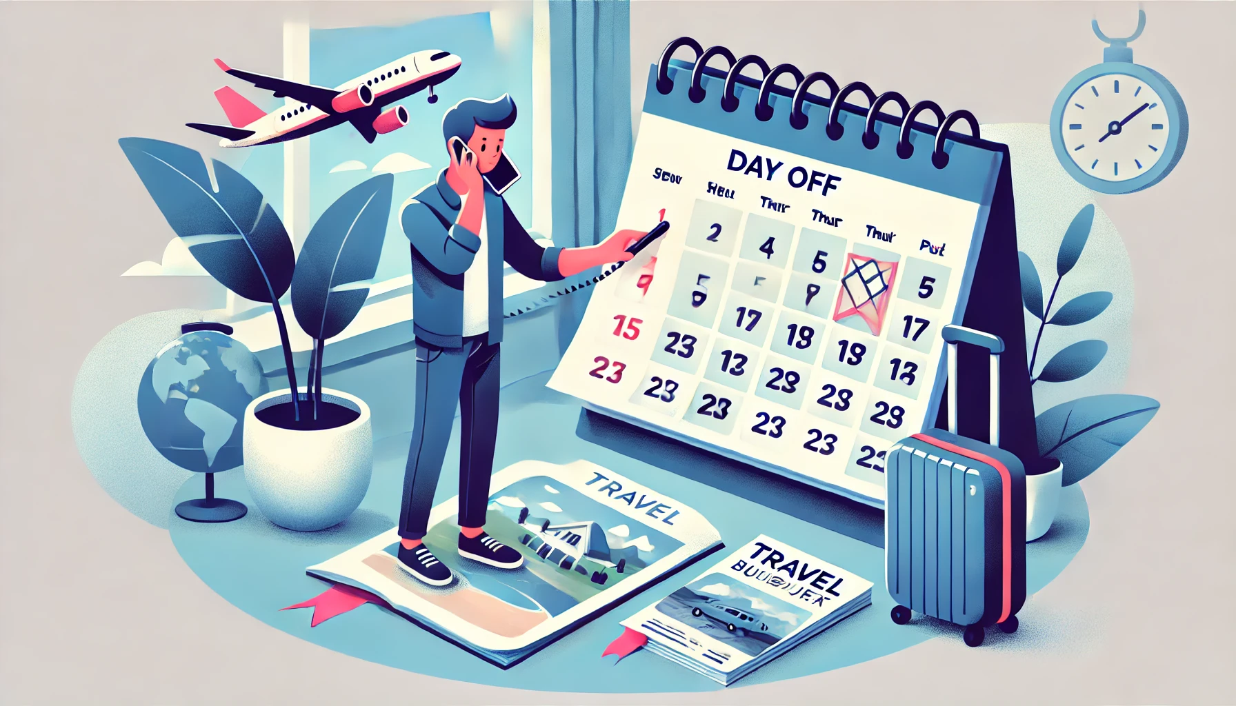 Illustration of a person looking at a calendar while on the phone, arranging a day off for a planned vacation. A suitcase and travel brochures are visible in the scene.