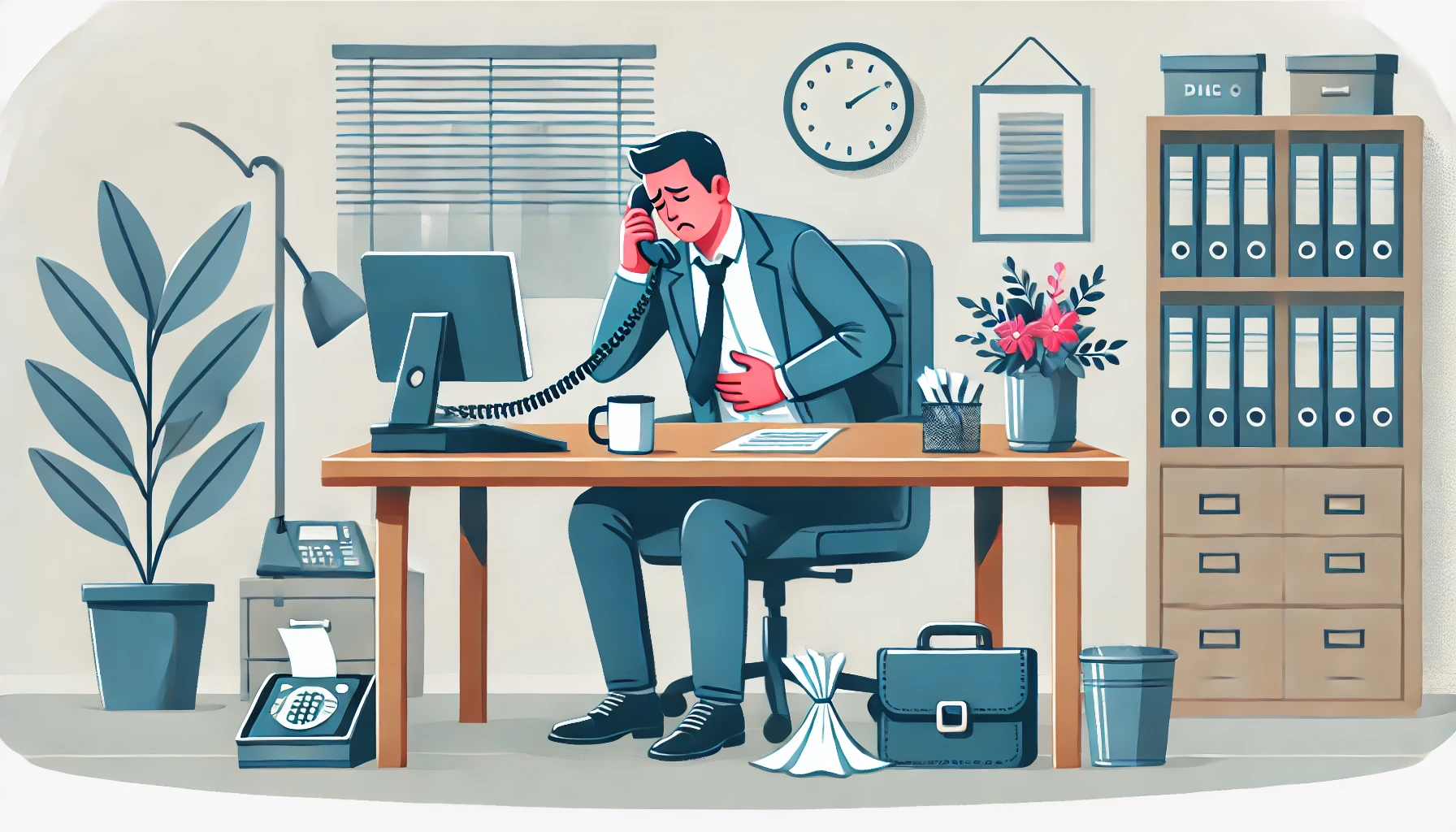 Illustration of a person in an office setting, calling their boss to inform about taking a sick day. The person is holding their stomach and looks visibly unwell.