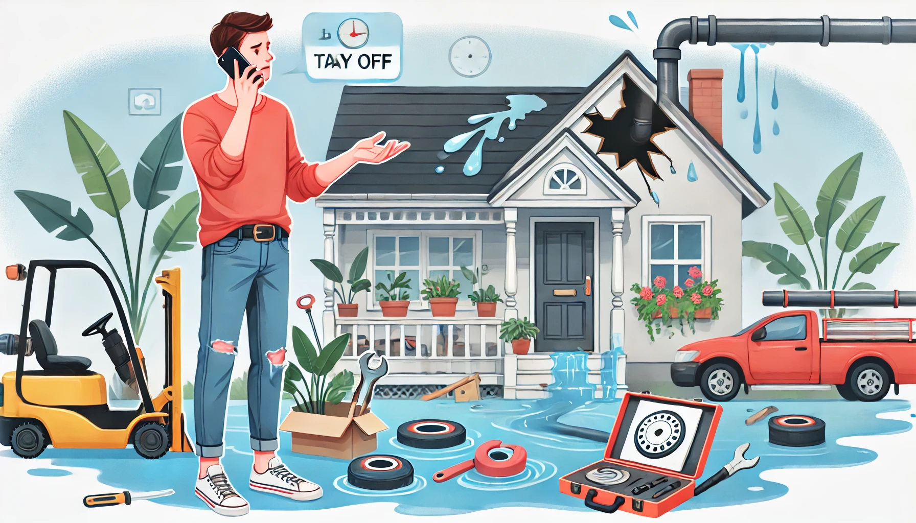 Here is the illustration of a person at home, explaining over the phone about taking a day off due to an emergency home repair, such as a burst pipe, with tools and water damage visible in the background. This completes the set of images for the article.