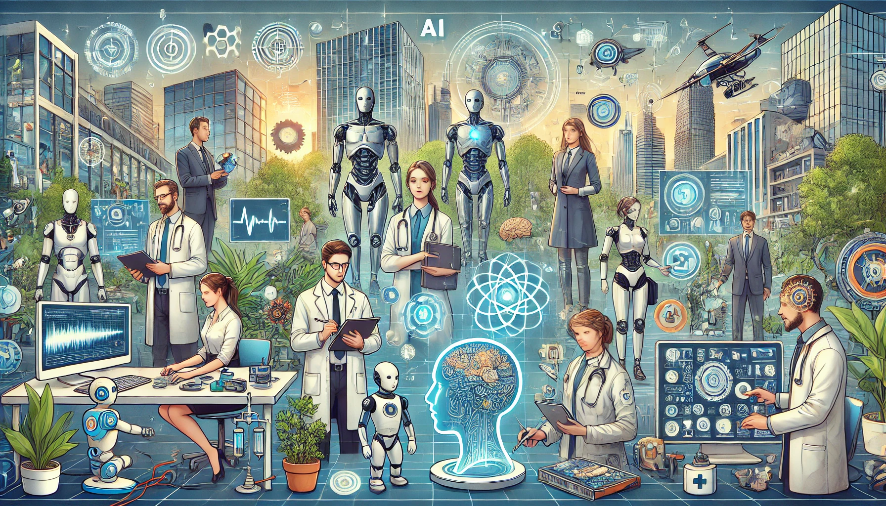 This image depicts a futuristic scene where various new professions have emerged due to advancements in AI. The scene includes a holographic interface designer, an AI ethicist, a virtual reality therapist, a drone coordinator, and a bioengineer. They are working in a high-tech environment featuring holographic displays, virtual reality equipment, drones, and advanced biotech devices. The background showcases a modern cityscape with innovative architecture and lush greenery, illustrating the integration of technology and nature.