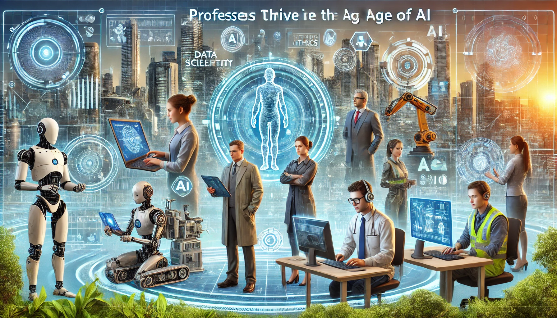 In this futuristic scene, a diverse group of professionals engages in new jobs created by AI advancements. The image includes a holographic interface designer interacting with holographic technology, an AI ethicist addressing ethical issues, a virtual reality therapist providing VR-based therapy, a drone coordinator overseeing drone activities, and a bioengineer working with cutting-edge biotech tools. The backdrop features a futuristic cityscape with sleek architecture and greenery, emphasizing the blend of technology and a sustainable environment.