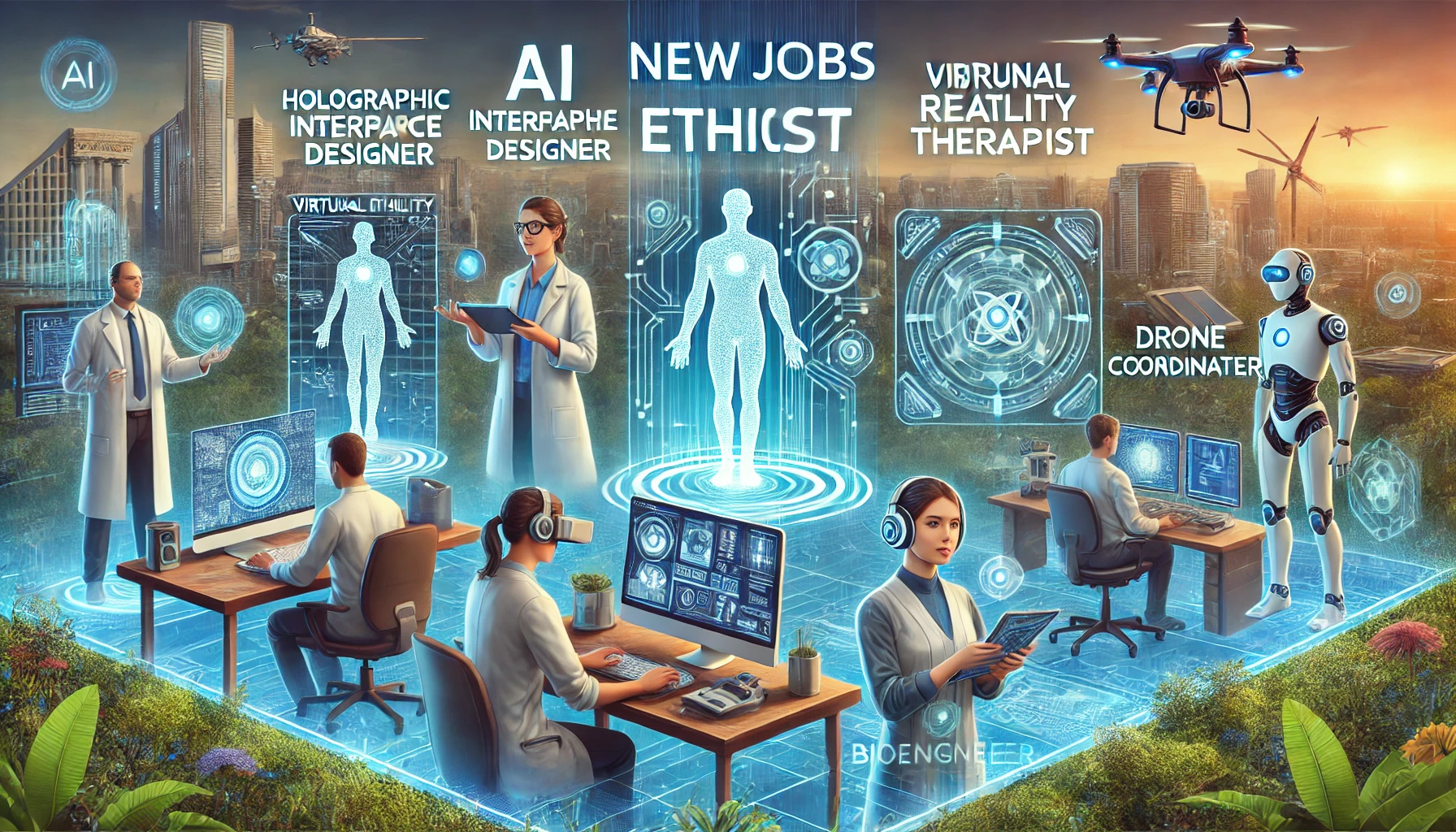 This futuristic image shows professionals in new AI-driven roles. Among them are a holographic interface designer working with a holographic display, an AI ethicist reviewing ethical considerations on a virtual screen, a virtual reality therapist using VR equipment, a drone coordinator managing drone operations, and a bioengineer examining advanced biotech devices. The high-tech setting and modern cityscape in the background highlight the advanced technological environment they work in.