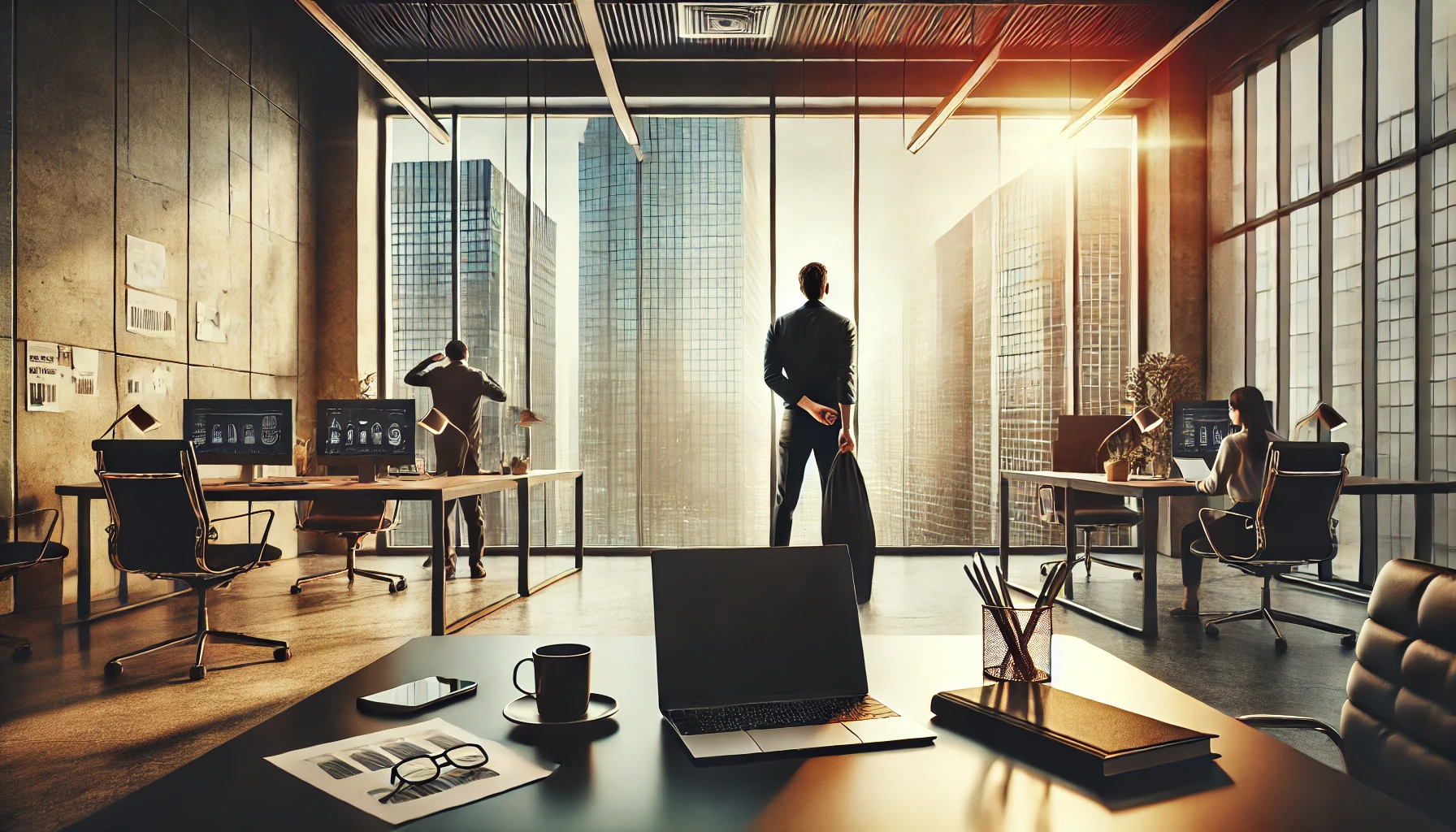 The image depicts a modern office where a professional is taking a brief pause during their workday. The desk is clean and organized with a laptop, coffee cup, and work materials, while large windows reveal a city skyline. A person is seen standing by the window, stretching and relaxing, representing the concept of a "smart break." The warm natural light and calm atmosphere emphasize the importance of taking short, intentional breaks to maintain productivity and well-being in a busy work environment.