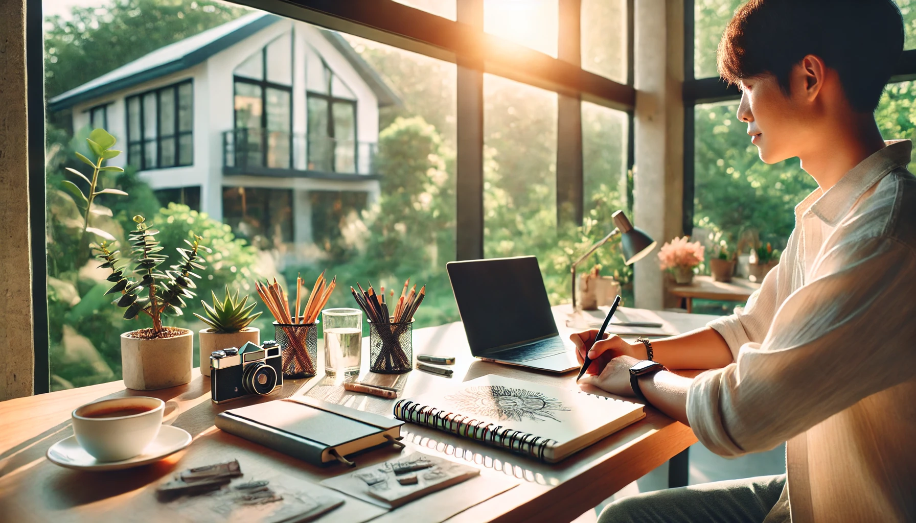 The image portrays a bright and modern workspace where a professional is seated at a desk, taking a break by engaging in a creative activity like doodling or writing in a sketchbook. The desk includes a laptop, notebooks, and personal items,