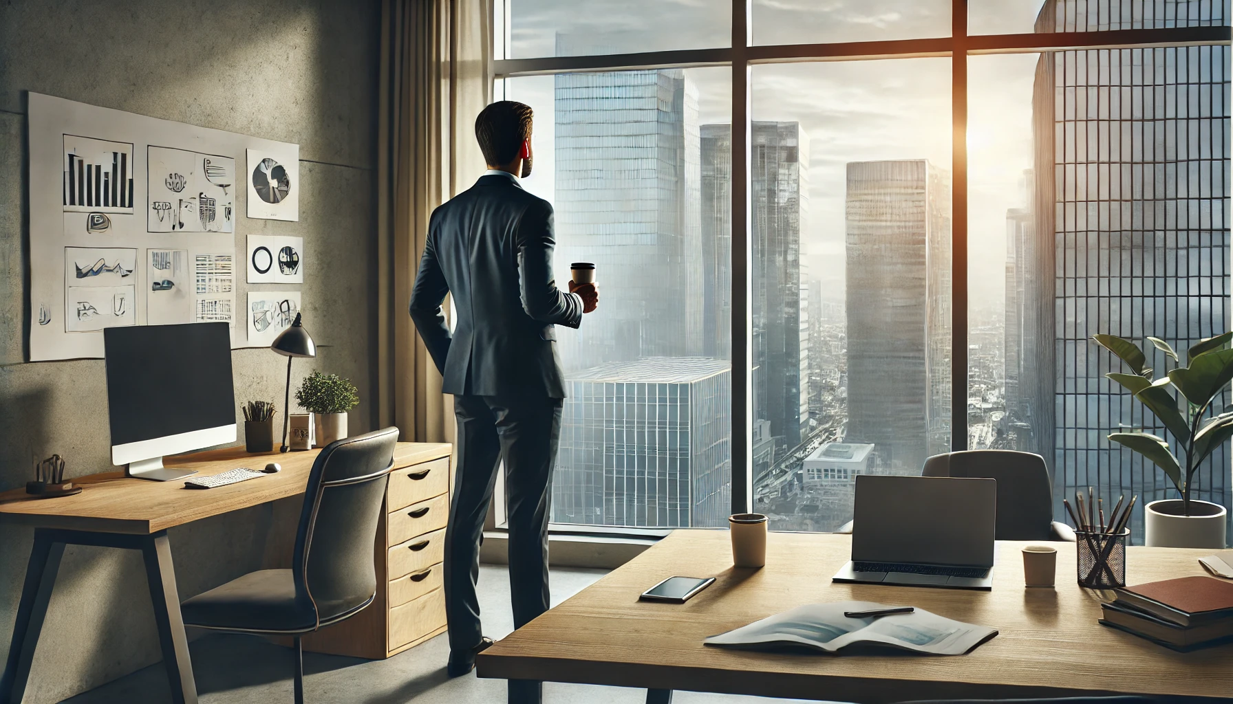 image shows a modern office environment where a professional stands by a large window, holding a cup of coffee and thoughtfully gazing over a cityscape. The nearby desk is tidy, with a laptop, documents, and personal items, indicating a brief pause in work. The natural light and serene atmosphere emphasize the importance of taking a mindful break to recharge during a busy day.