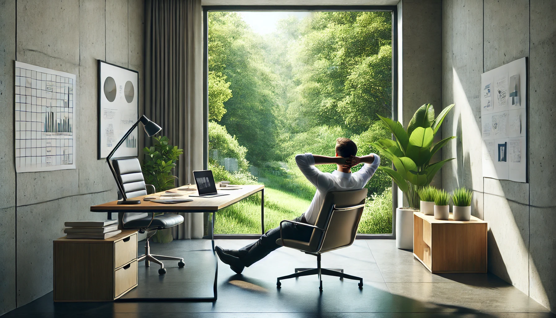 image features a minimalist office where a professional takes a short break by relaxing in a comfortable chair near a large window overlooking a lush, green landscape. The desk in the background is neatly organized with a laptop, documents, and a plant, suggesting a temporary pause from work. The scene is bathed in soft, natural light, creating a peaceful and refreshing ambiance that underscores the value of taking restful breaks to maintain productivity.