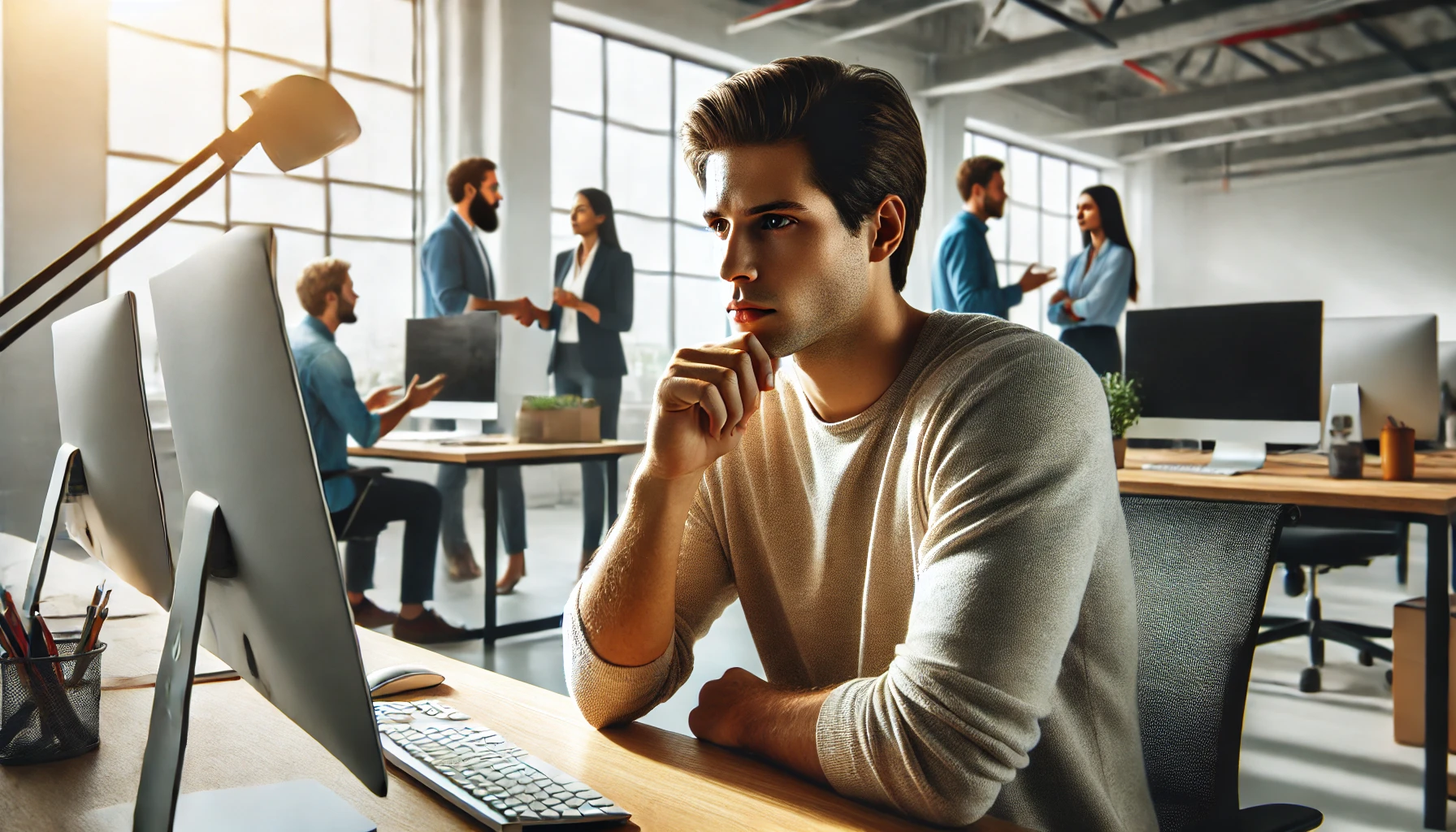 A scene in a modern office where someone is working at their desk, appearing slightly stressed or disconnected while using a computer. This image represents the feeling of not fitting in or being comfortable in a current work environment.