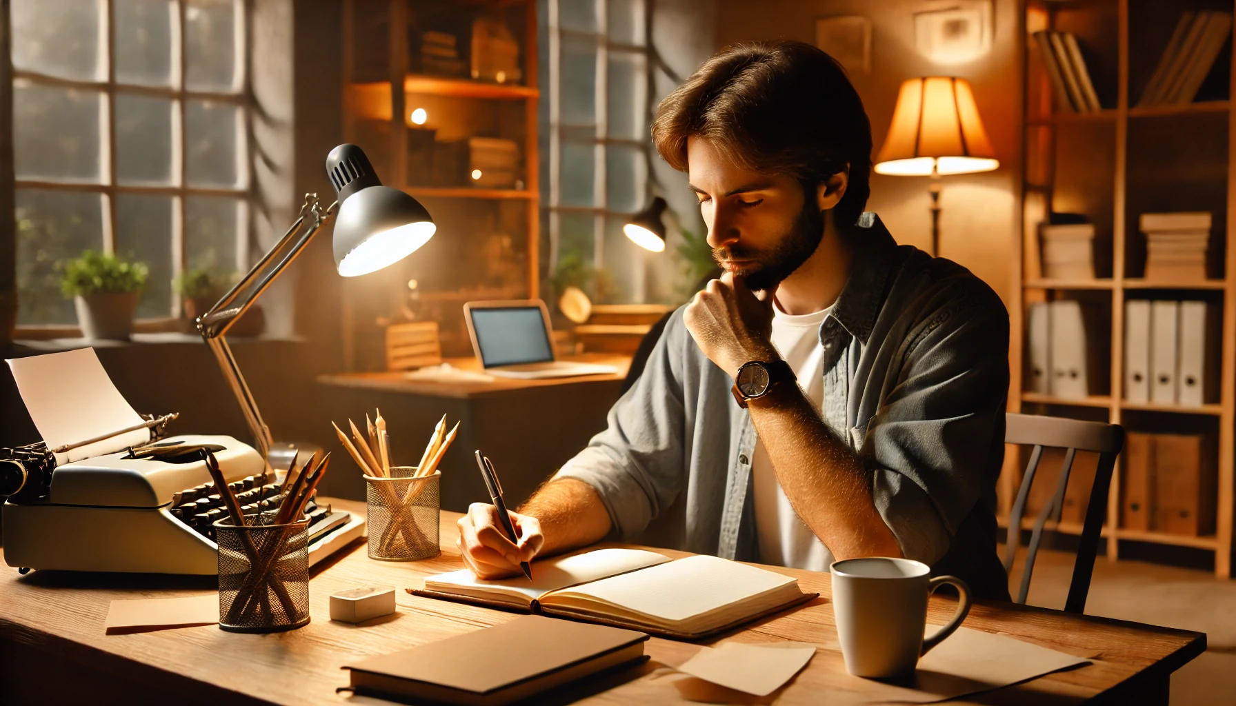 A cozy home office setting where someone is thoughtfully writing in a notebook, reflecting on their current job situation. The atmosphere is calm, showing the person taking time to reconsider their work and life balance.