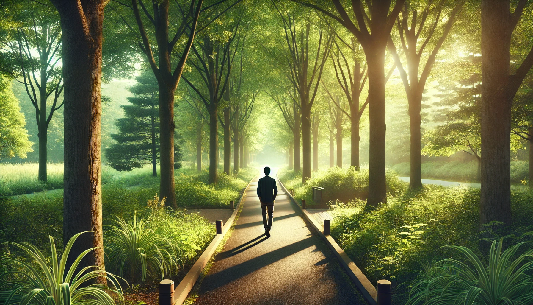 A serene outdoor setting where a person is walking slowly through a park or forest, deep in thought. This image symbolizes taking a break from work-related stress and reflecting on personal well-being and balance.