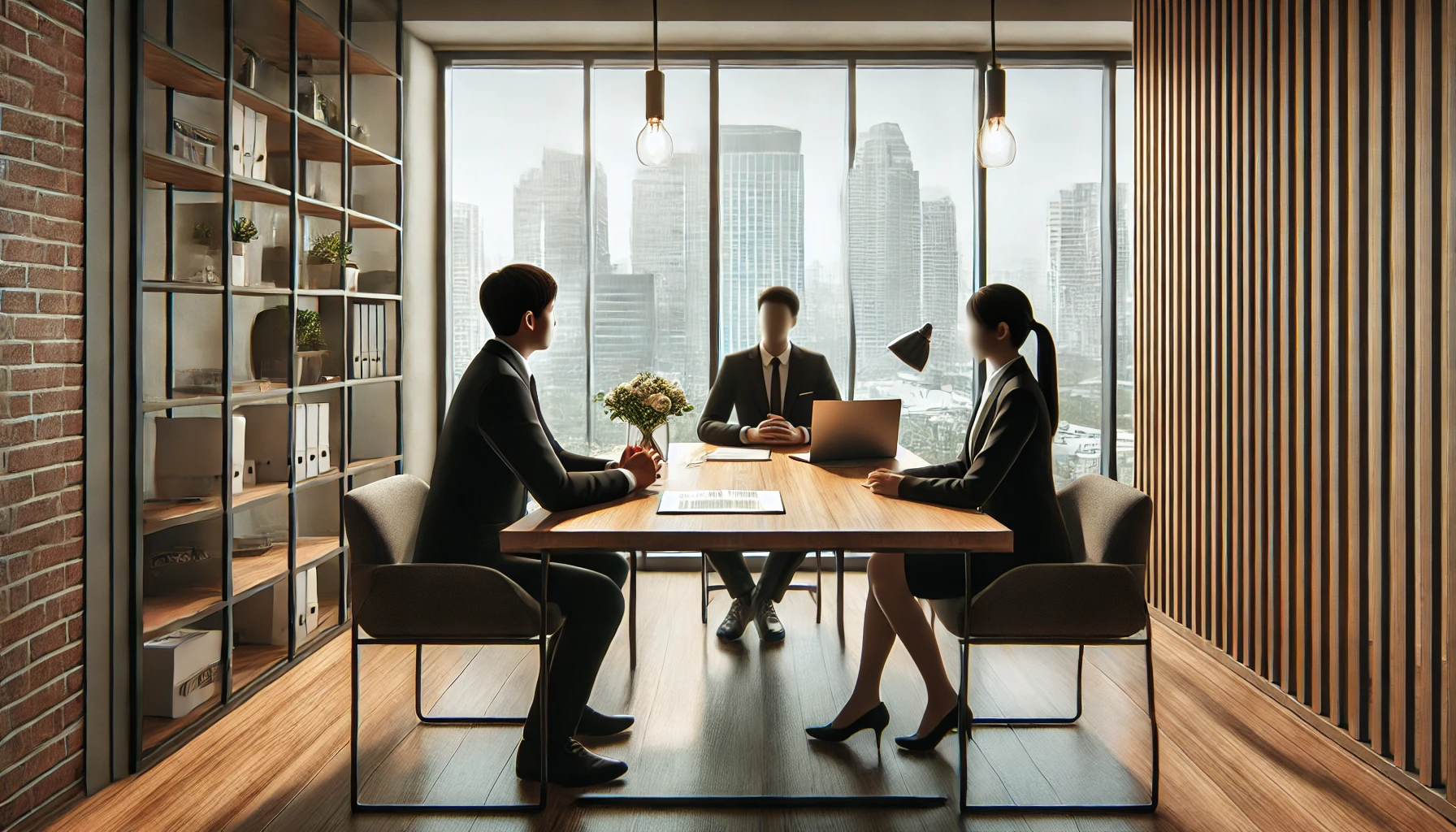 A professional job interview setting with a modern design. The room features a large window showcasing a cityscape, a wooden desk with documents and a laptop, and two people engaged in a conversation. The interviewee is asking a question to the interviewer, demonstrating engagement and interest. 