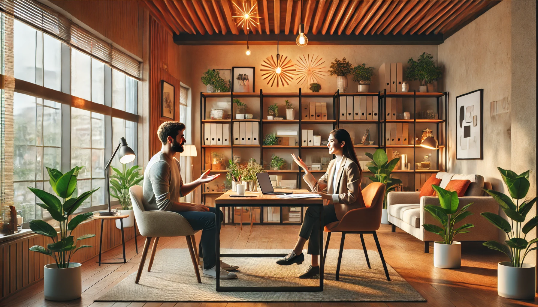 A job interview taking place in a cozy office setting. The room has warm lighting, bookshelves, plants, and comfortable chairs. The desk has a laptop, a few documents, and a cup of tea. The interviewee is engaged and enthusiastic, gesturing while asking a question, and the interviewer is smiling and taking notes.