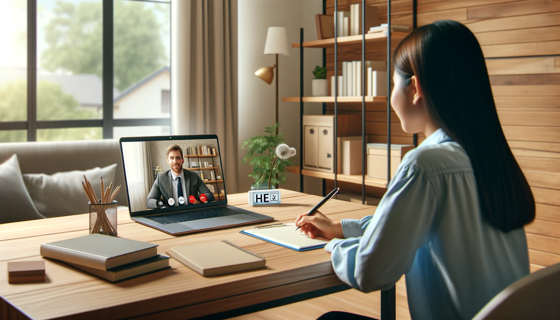 A virtual job interview scene. The setting is a home office with a laptop on a desk, showing a video call between two people. The background includes a bookshelf, a plant, and a window with natural light. The interviewee is sitting at the desk, attentively listening and taking notes, while the interviewer is visible on the laptop screen, smiling and speaking.