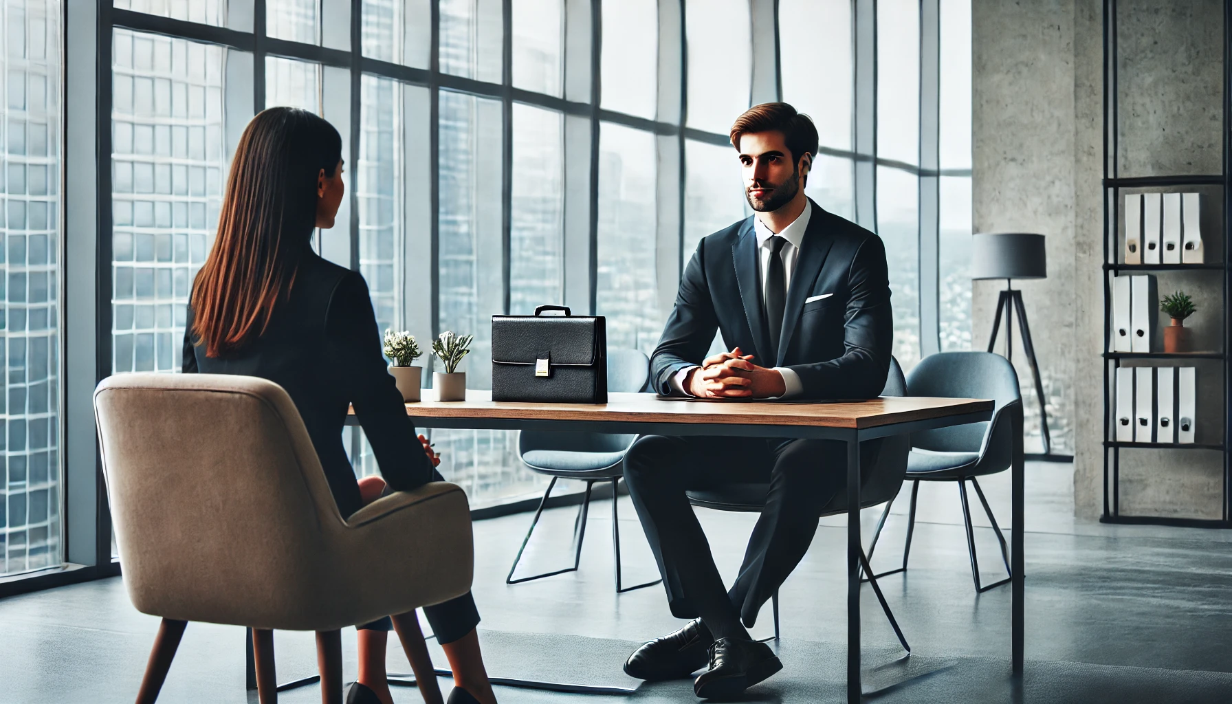 A professional interview setting where the candidate is seated across from the interviewer. Both are dressed in business attire, with the candidate confidently presenting themselves. The environment is a modern, well-lit office, emphasizing a focused and respectful conversation.