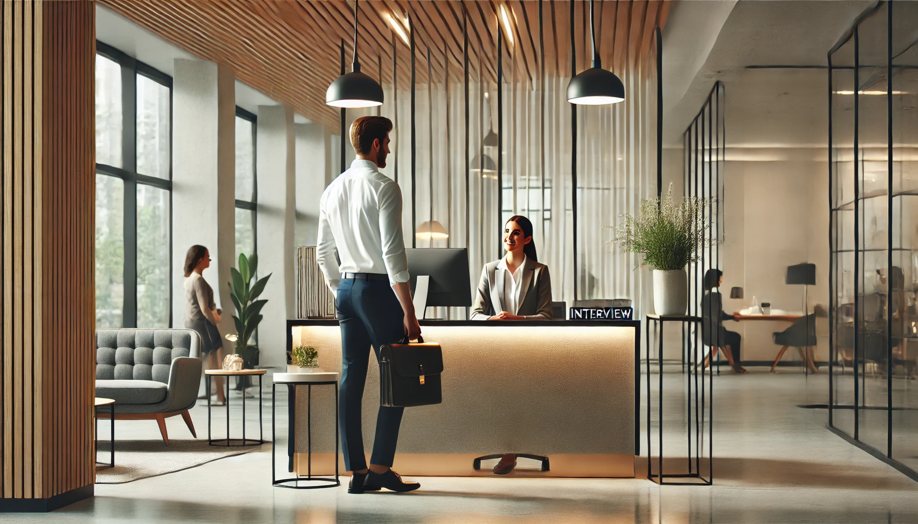 The candidate, dressed professionally, is seen checking in at a modern office reception desk. The receptionist is friendly and helpful, creating a welcoming environment. The office is well-decorated with plants and modern furnishings, reflecting professionalism and anticipation before the interview.