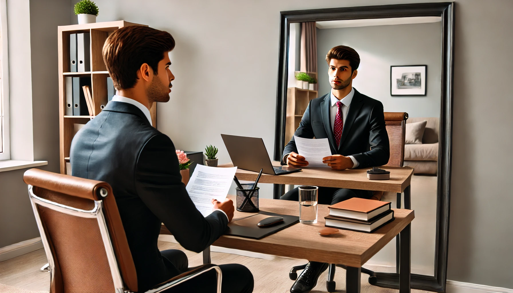 The candidate is practicing their interview responses at home, dressed in business attire. They are sitting at a desk with a mirror, holding notes, and speaking confidently. The room is tidy and well-lit, with a laptop, books, and a cup of coffee on the desk, illustrating the focused preparation needed before an interview.